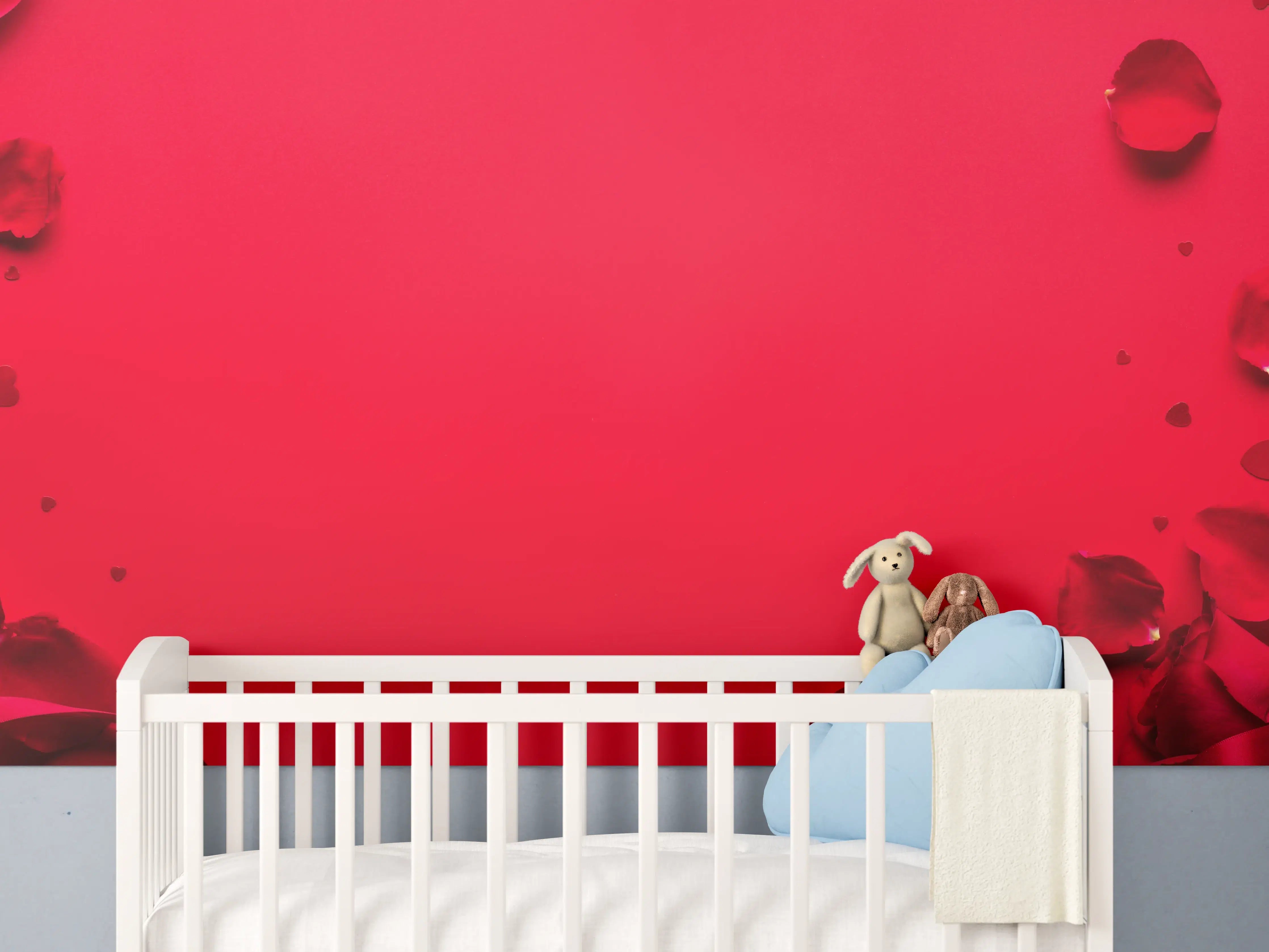 Babyzimmer Wandgestaltung - Rosengeschenk auf rotem Hintergrund