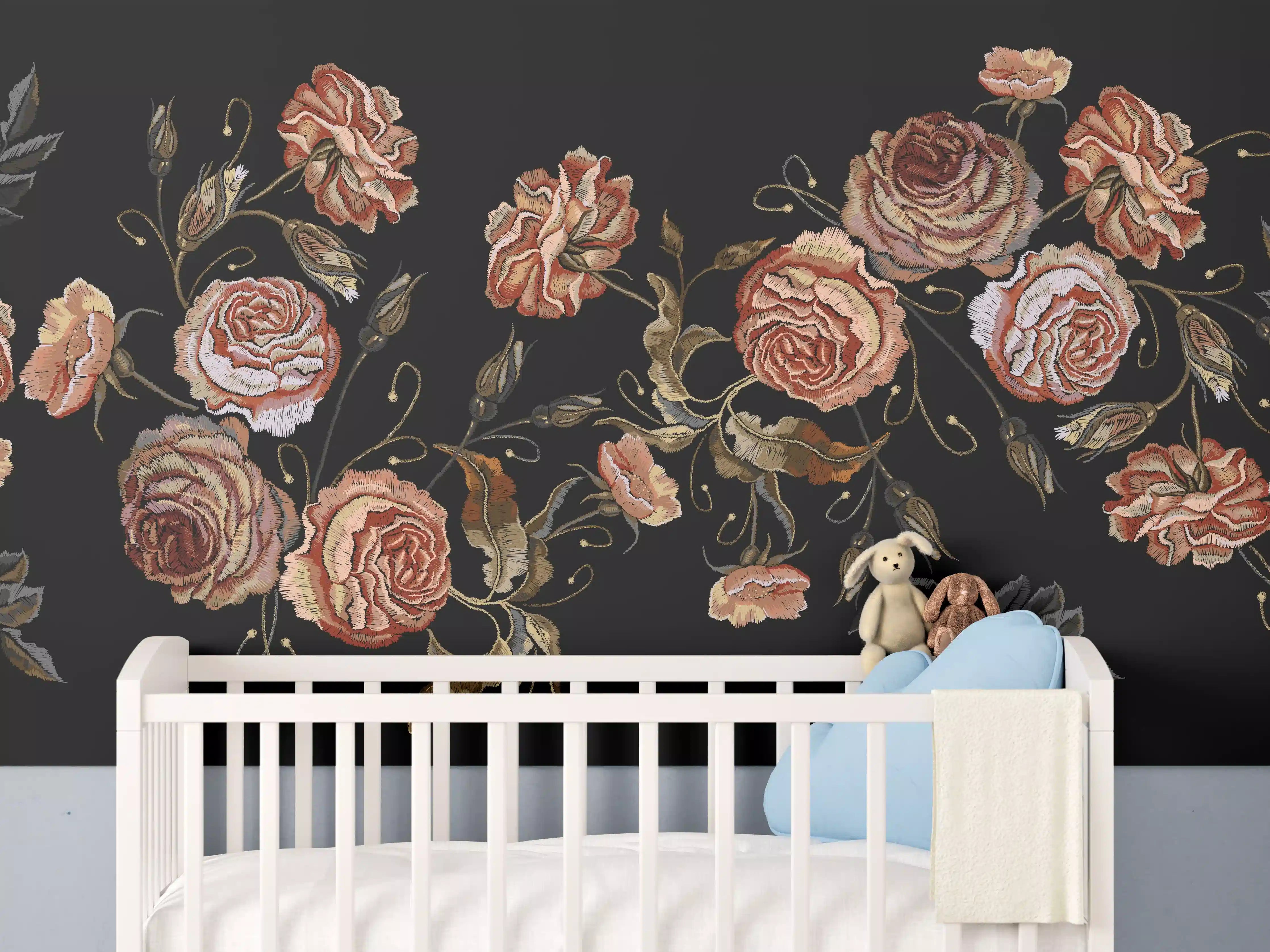 Babyzimmer Wandgestaltung - Rosenstickerei Renaissance Schwarz