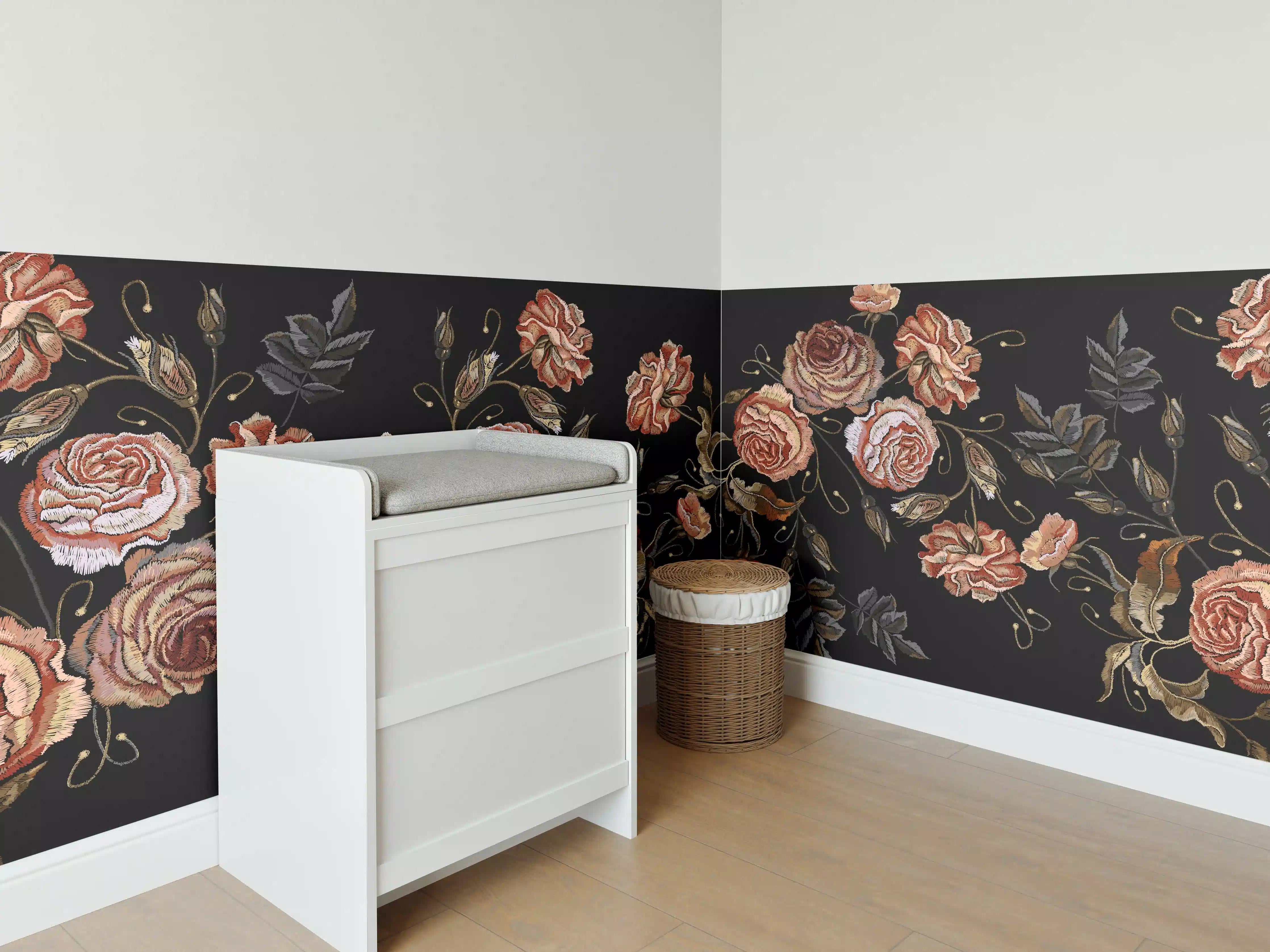 Babyzimmer Wandgestaltung - Rosenstickerei Renaissance Schwarz