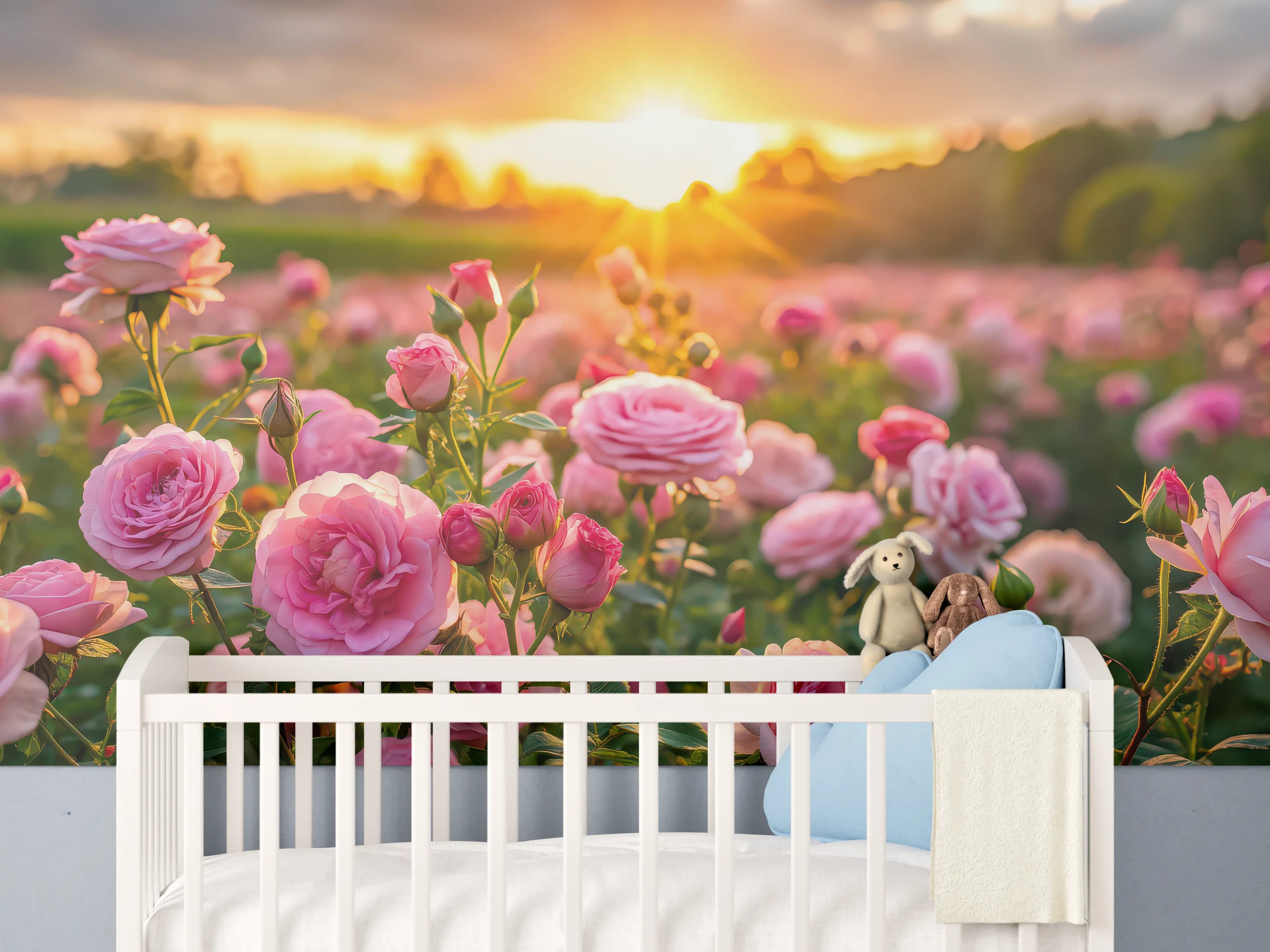 Babyzimmer Wandgestaltung - Rosenwiese bei Sonnenuntergang