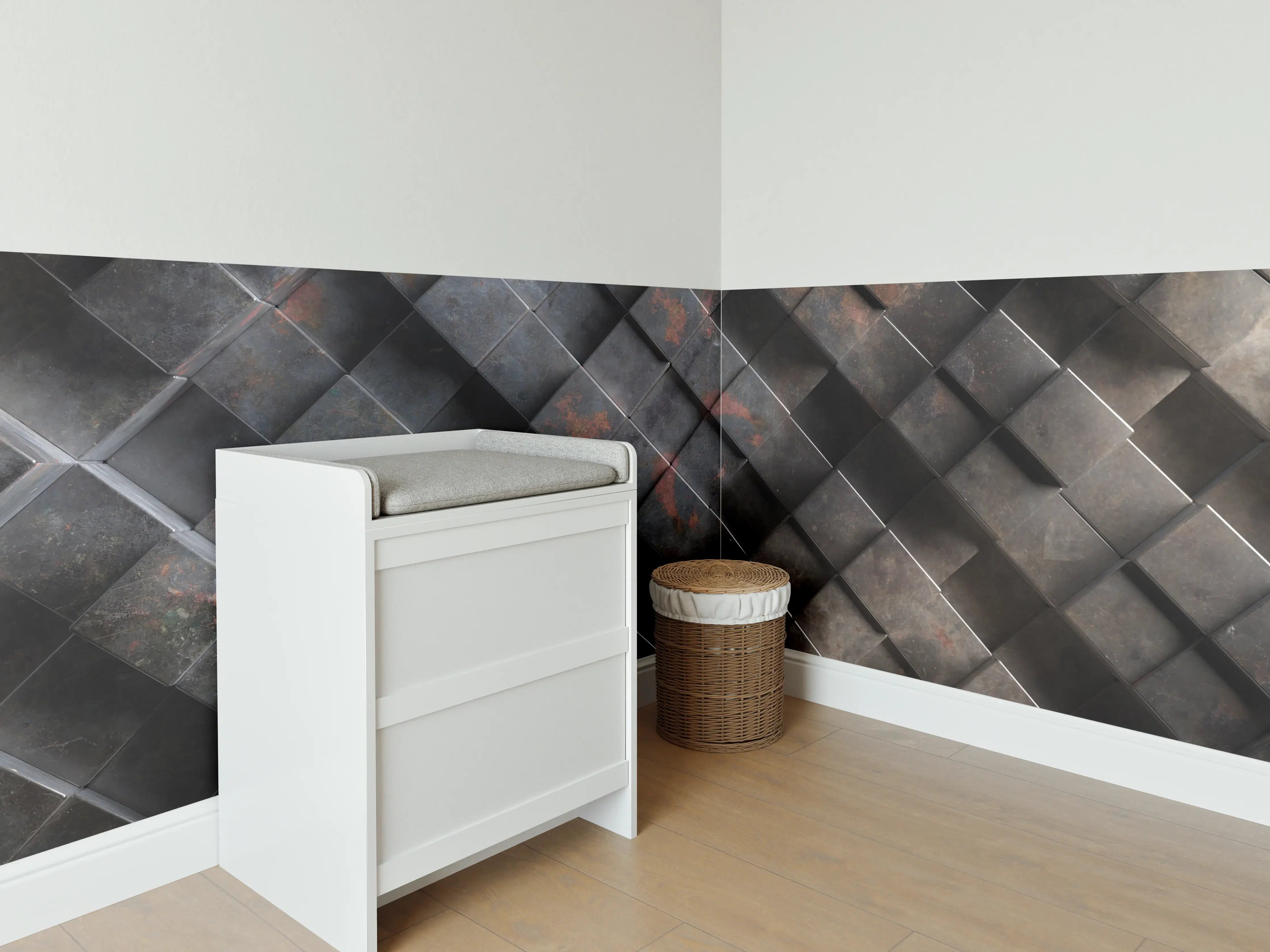 Babyzimmer Wandgestaltung - Rostige Metalloptik Würfelmuster