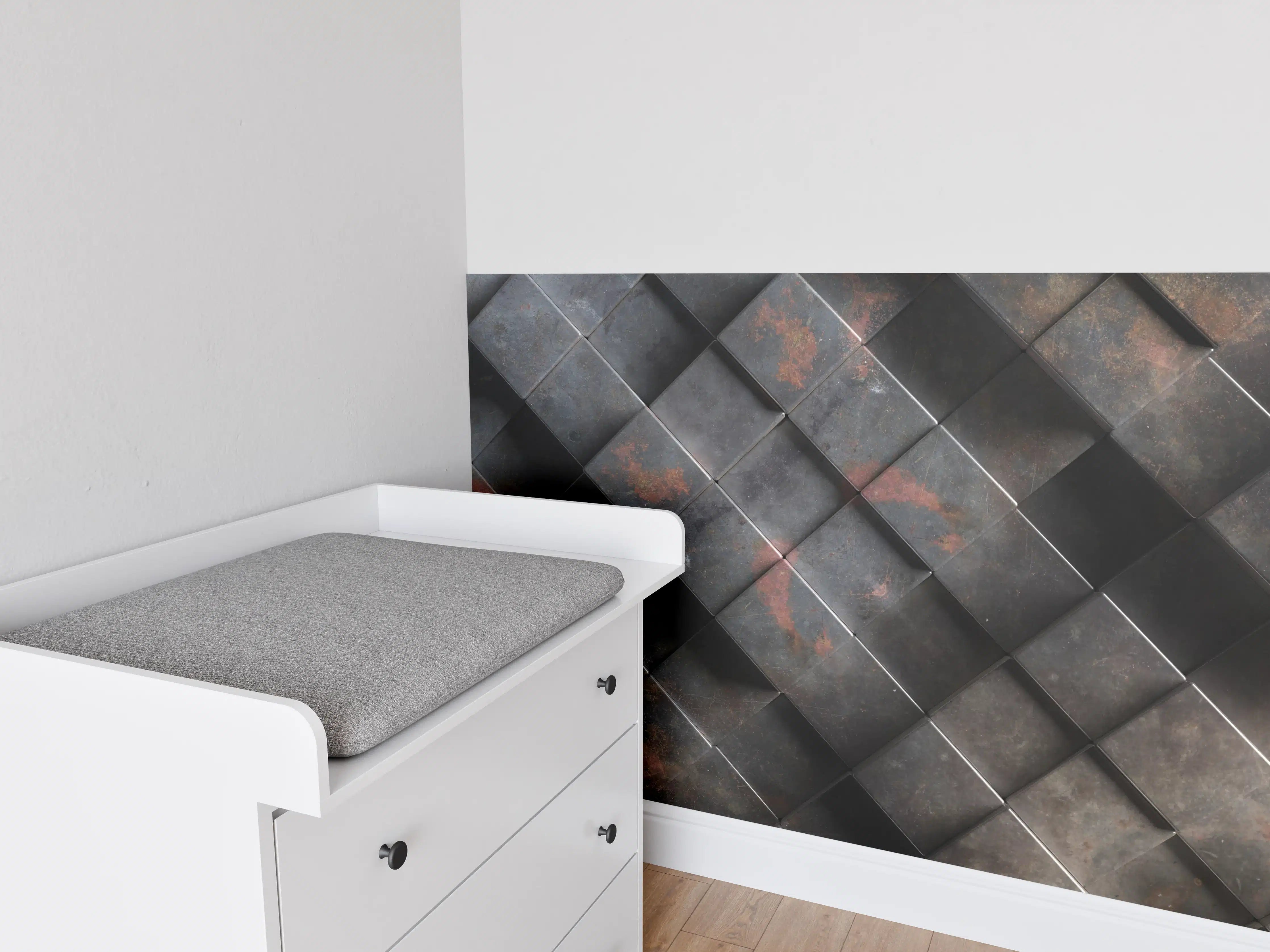 Babyzimmer Wandgestaltung - Rostige Metalloptik Würfelmuster