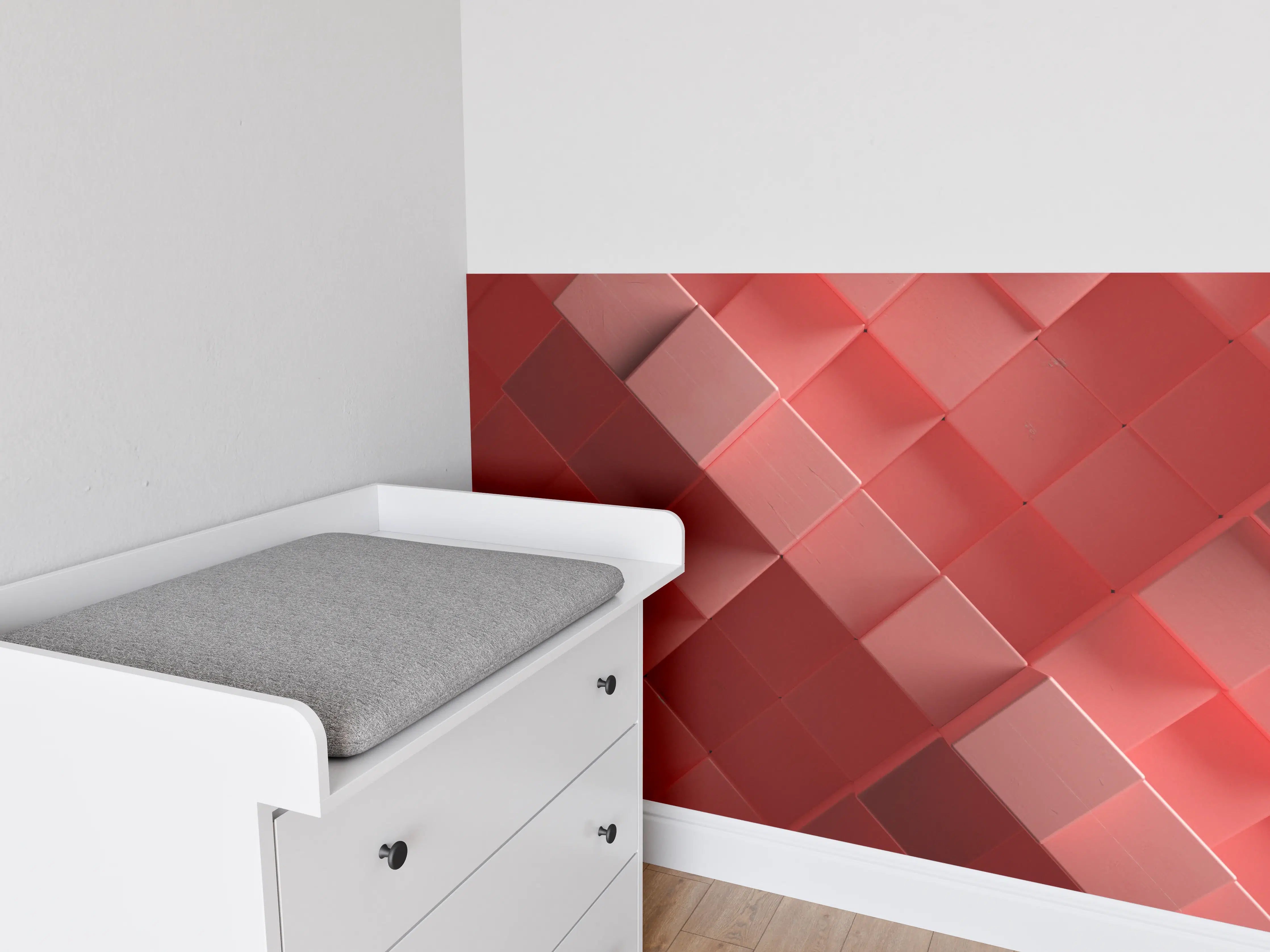 Babyzimmer Wandgestaltung - Rote 3D Würfel Struktur