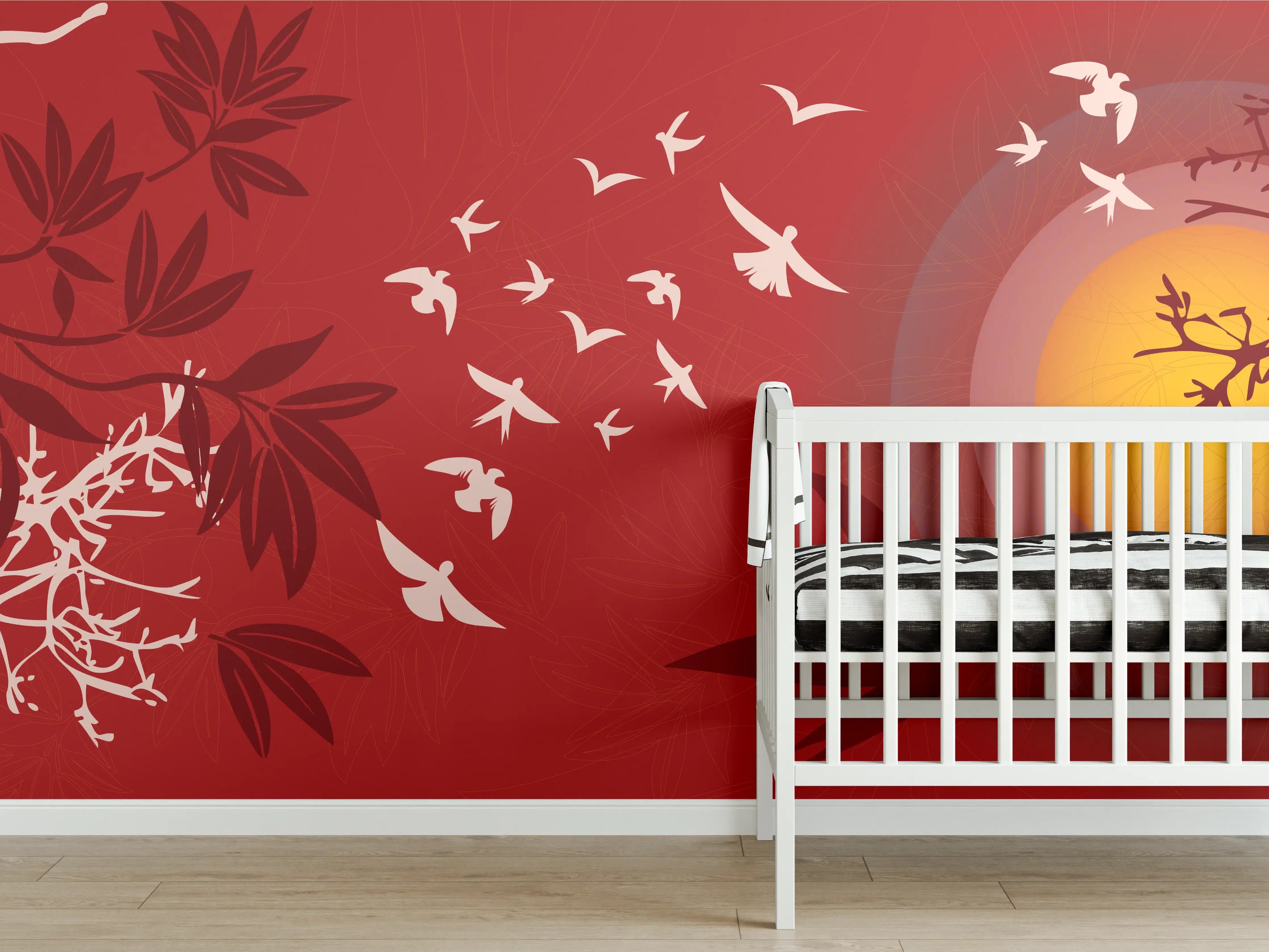 Babyzimmer Wandgestaltung - Rote Abendstimmung Vögel Silhouetten