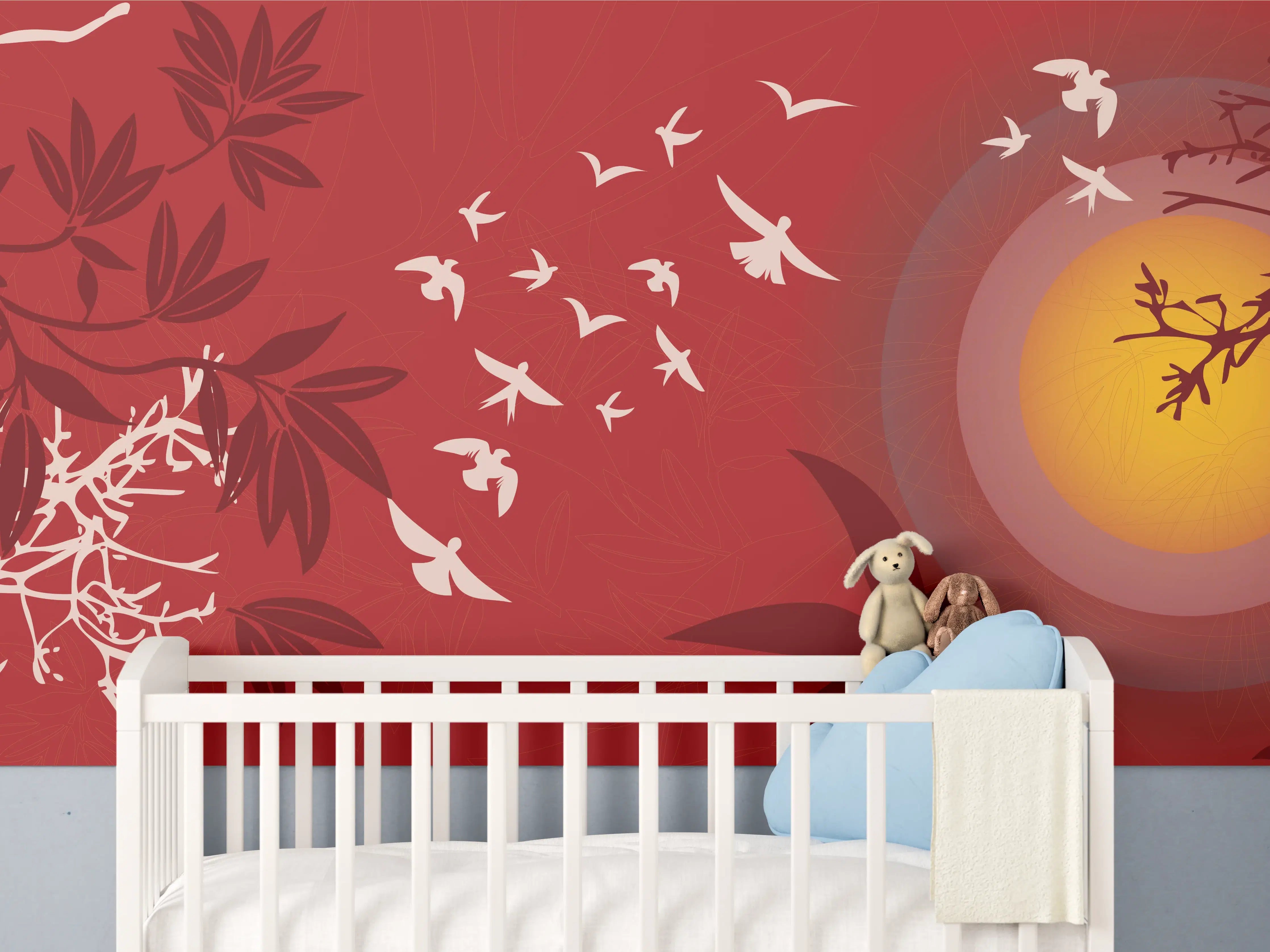 Babyzimmer Wandgestaltung - Rote Abendstimmung Vögel Silhouetten