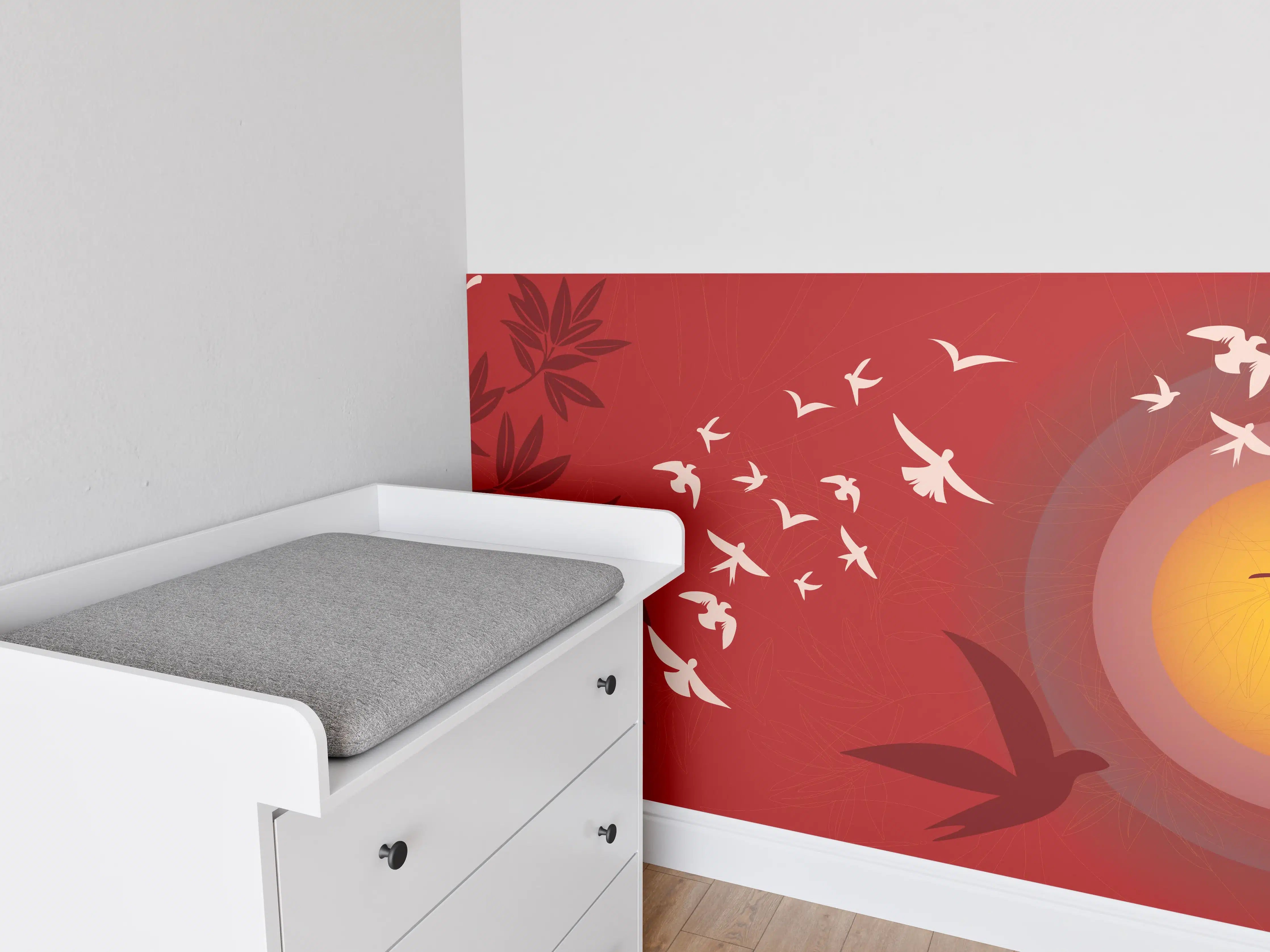 Babyzimmer Wandgestaltung - Rote Abendstimmung Vögel Silhouetten