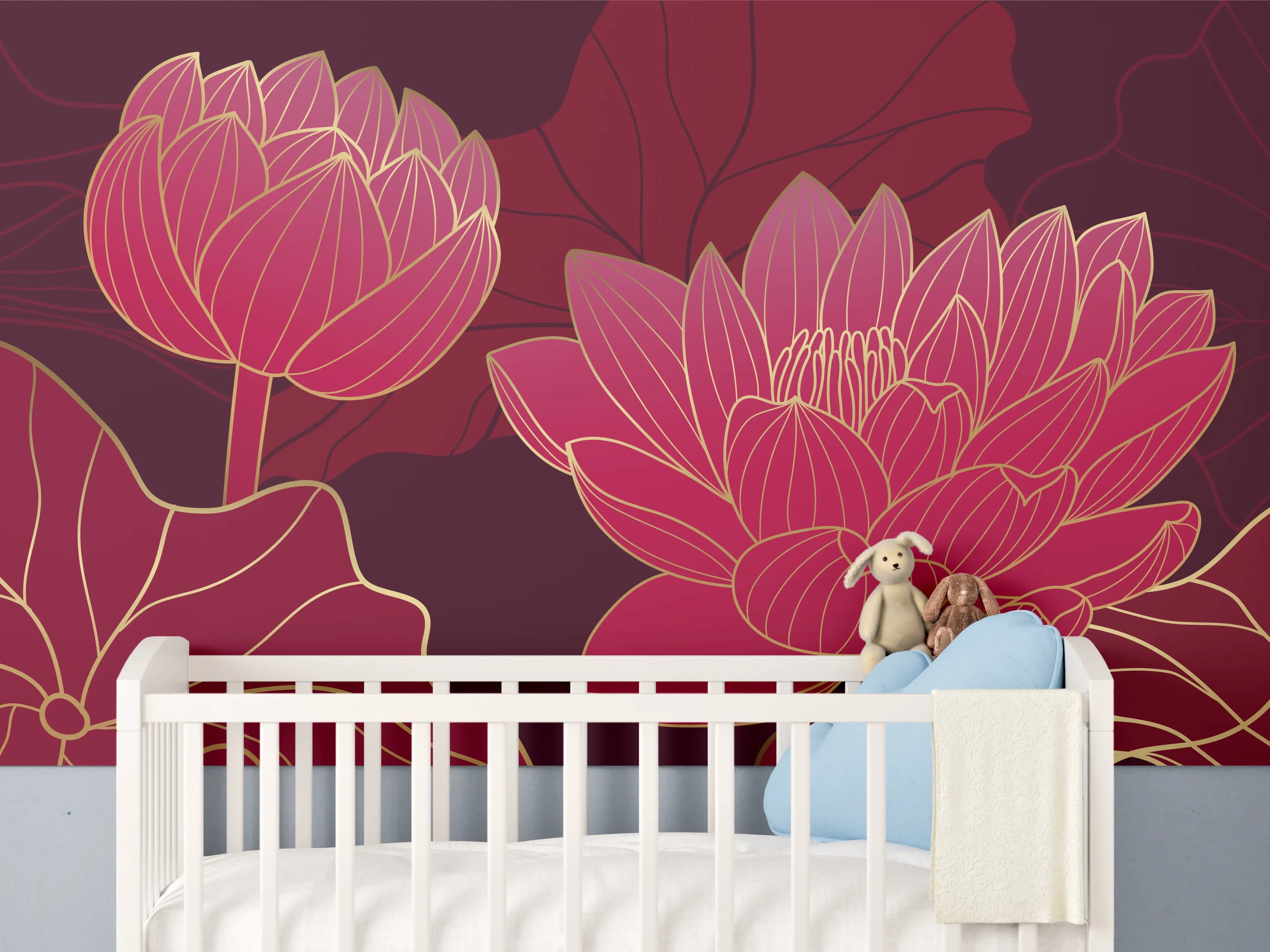 Babyzimmer Wandgestaltung - Rote Lotusblüten Lineart Design