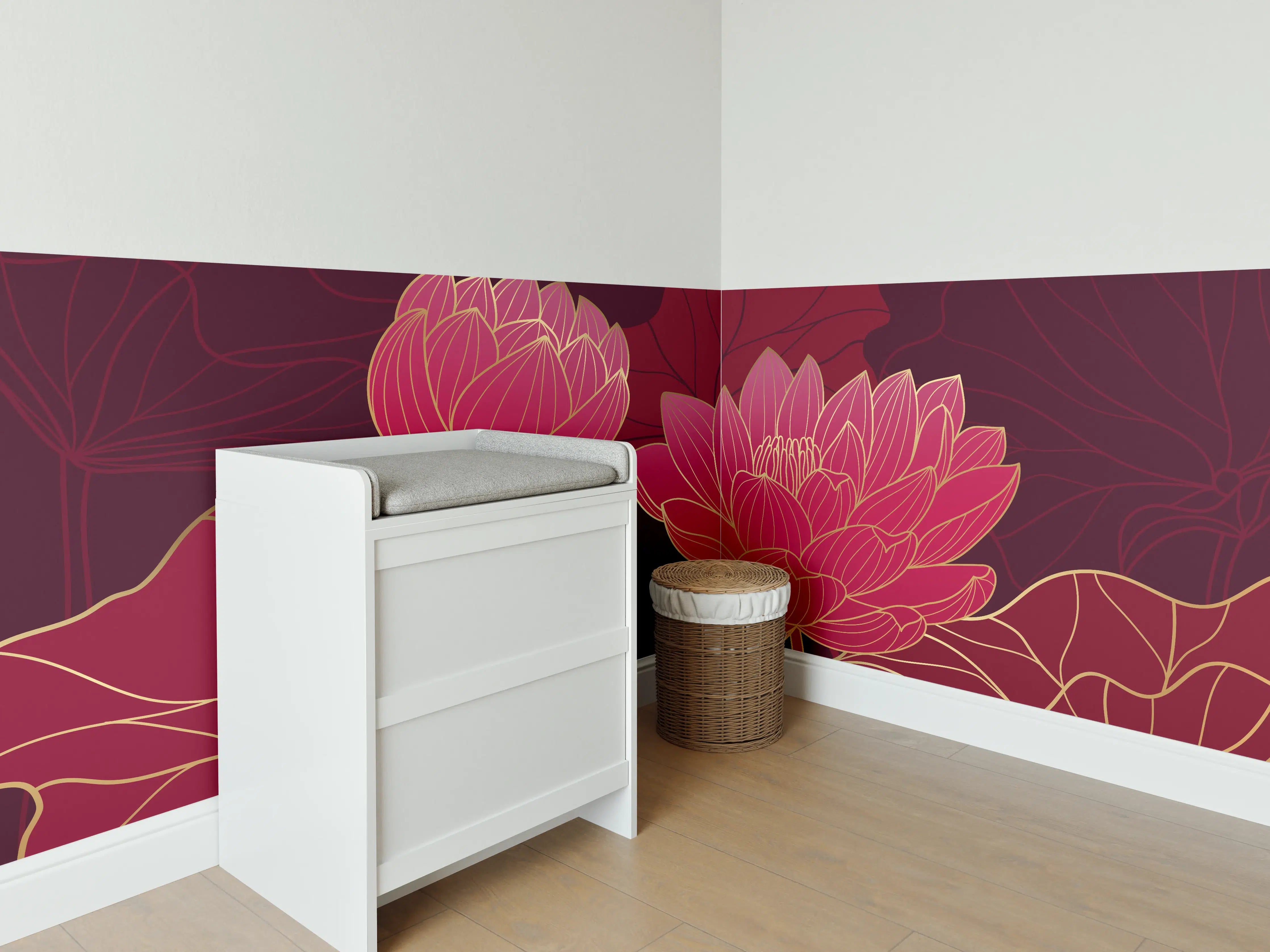 Babyzimmer Wandgestaltung - Rote Lotusblüten Lineart Design