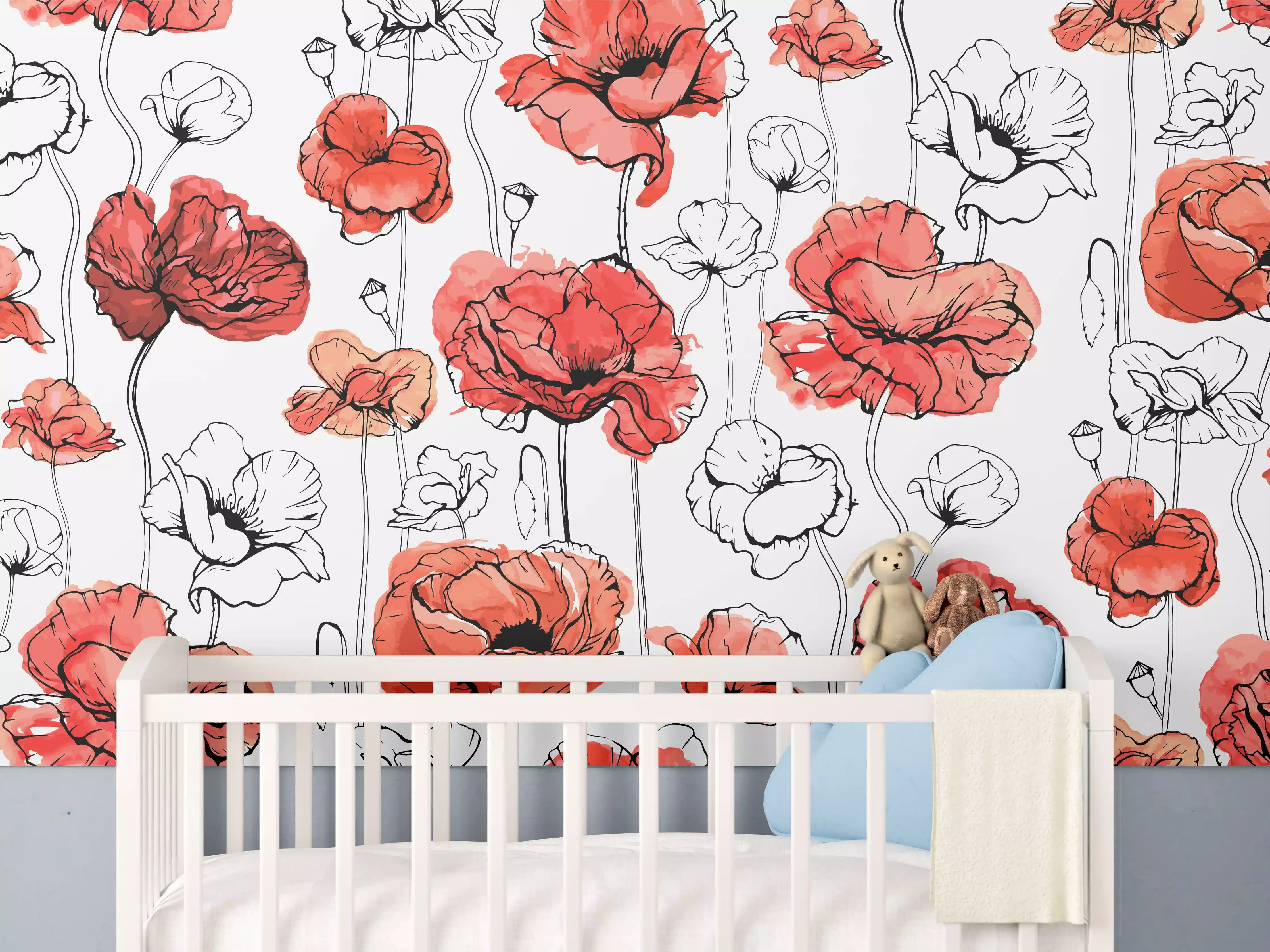 Babyzimmer Wandgestaltung - Rote Mohnblumen Lineart Muster
