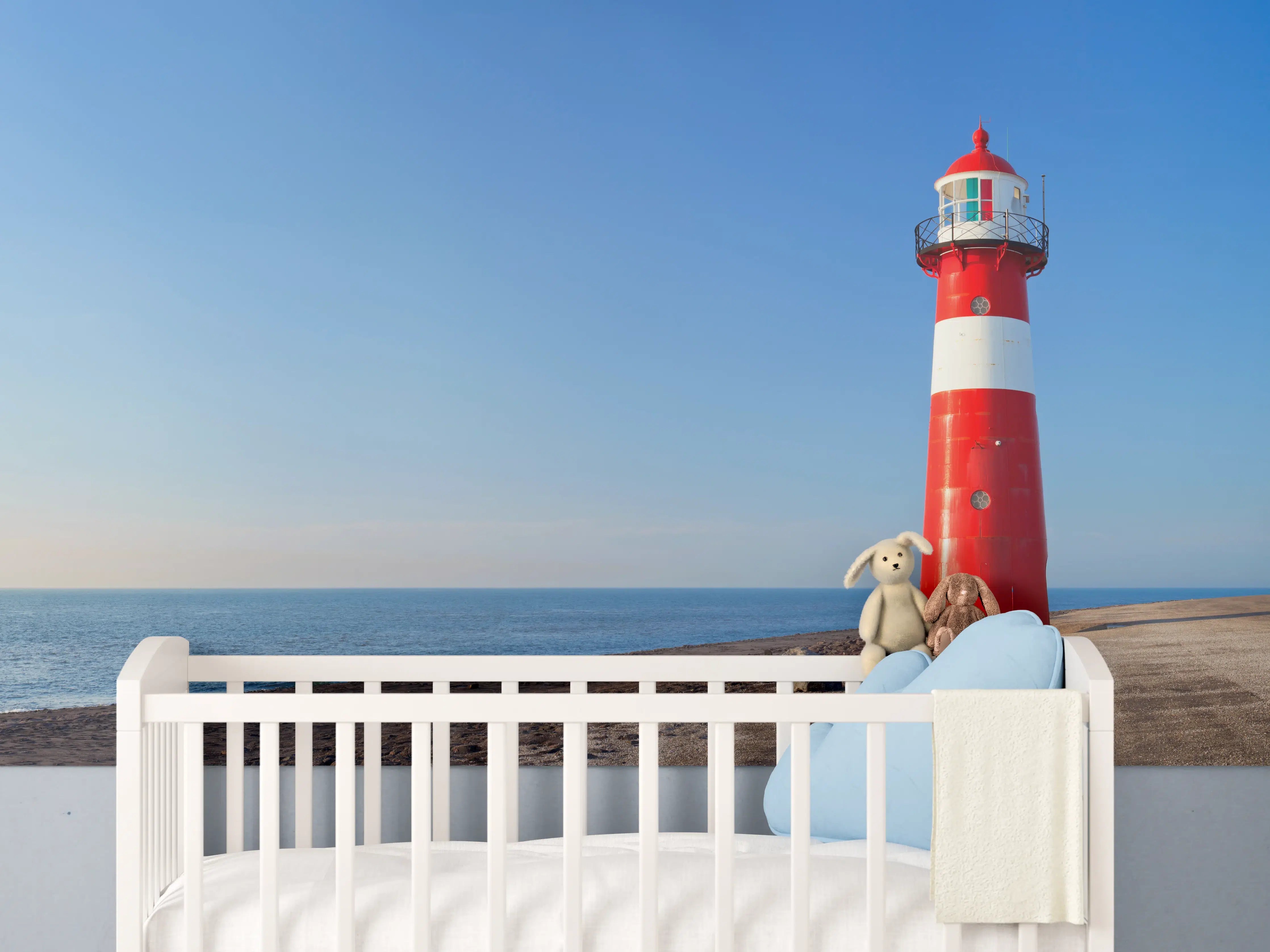 Babyzimmer Wandgestaltung - Roter Leuchtturm am Meer