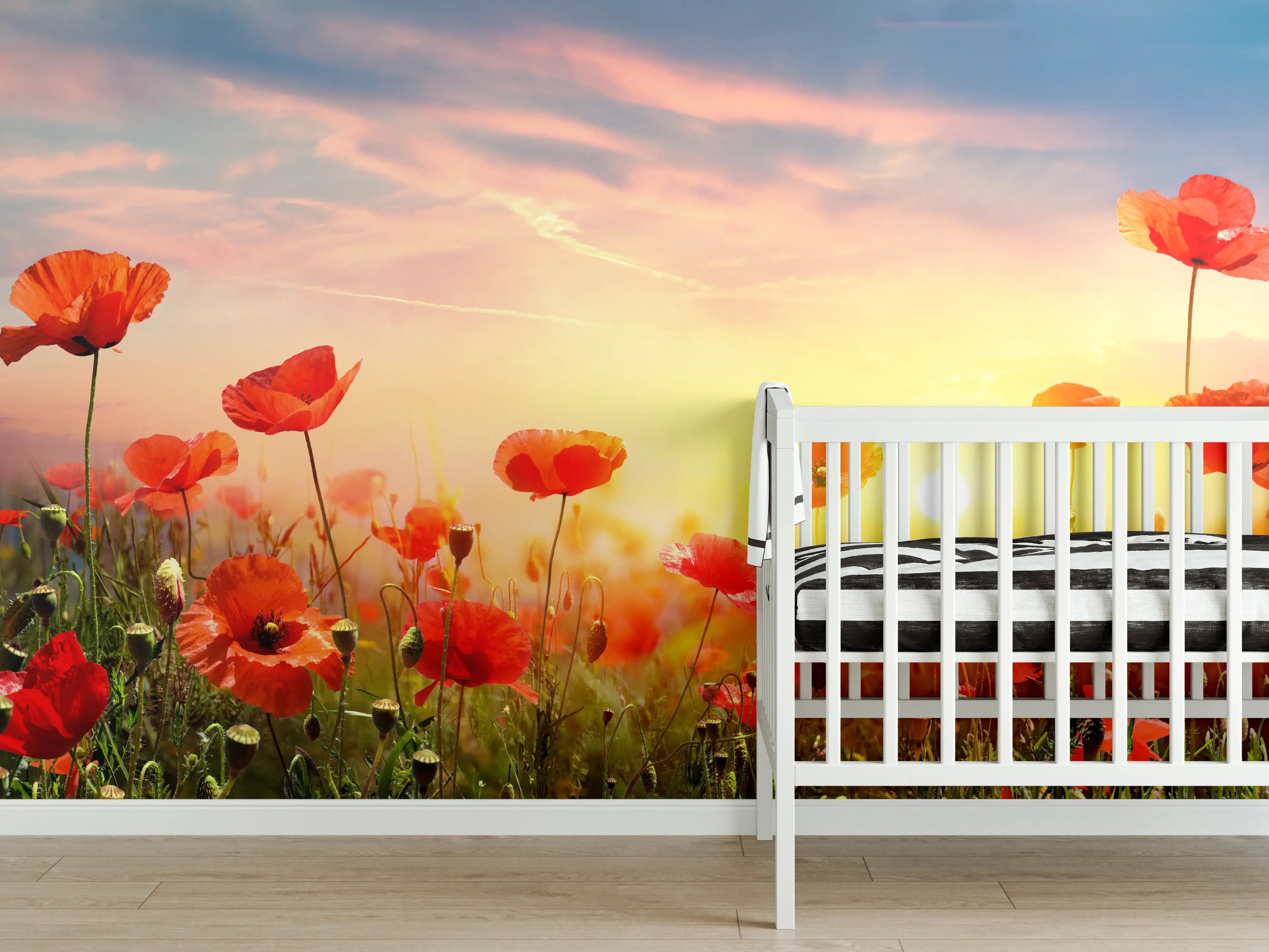 Babyzimmer Wandgestaltung - Roter Mohnfeld Sonnenaufgang