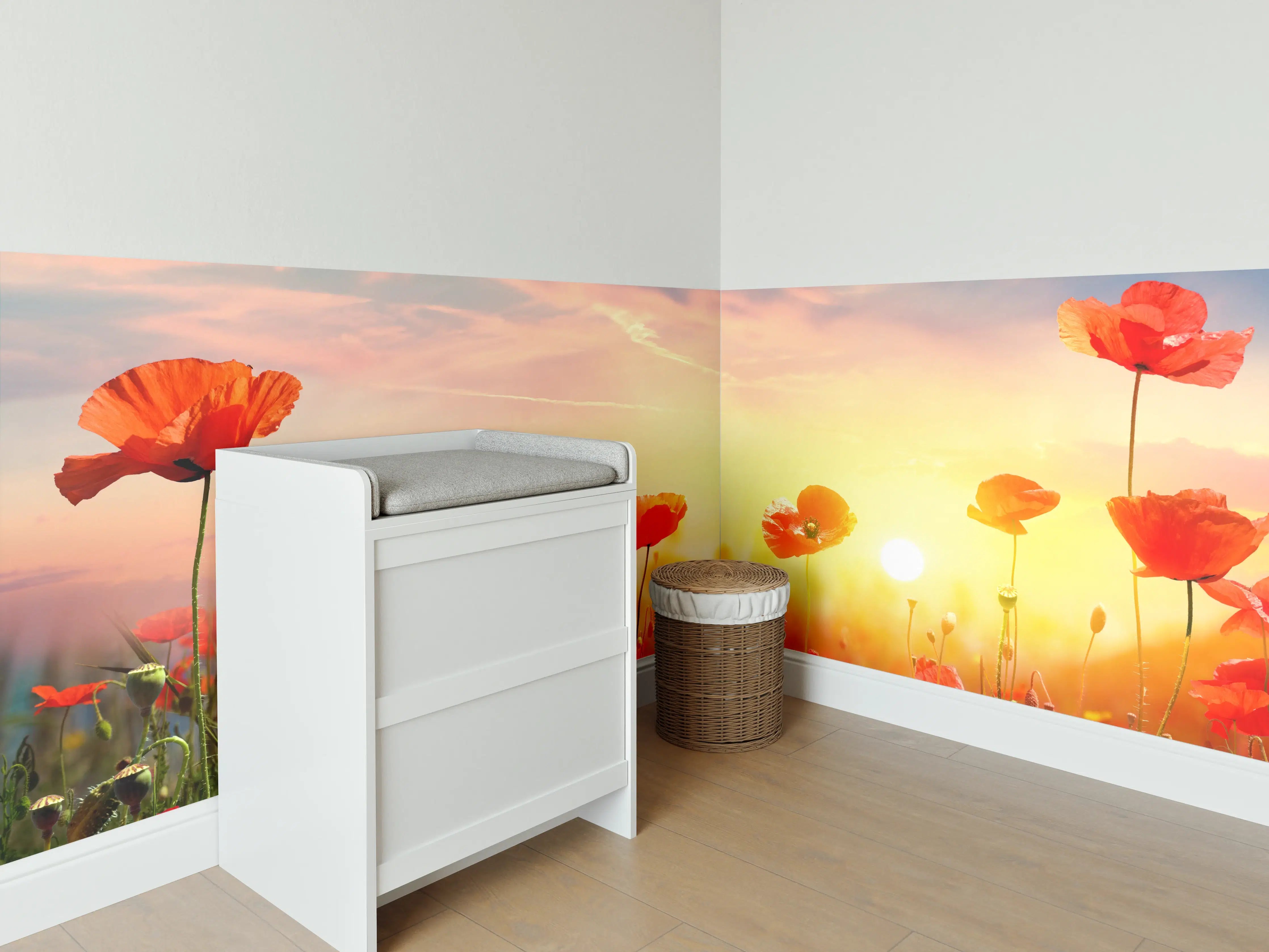 Babyzimmer Wandgestaltung - Roter Mohnfeld Sonnenaufgang