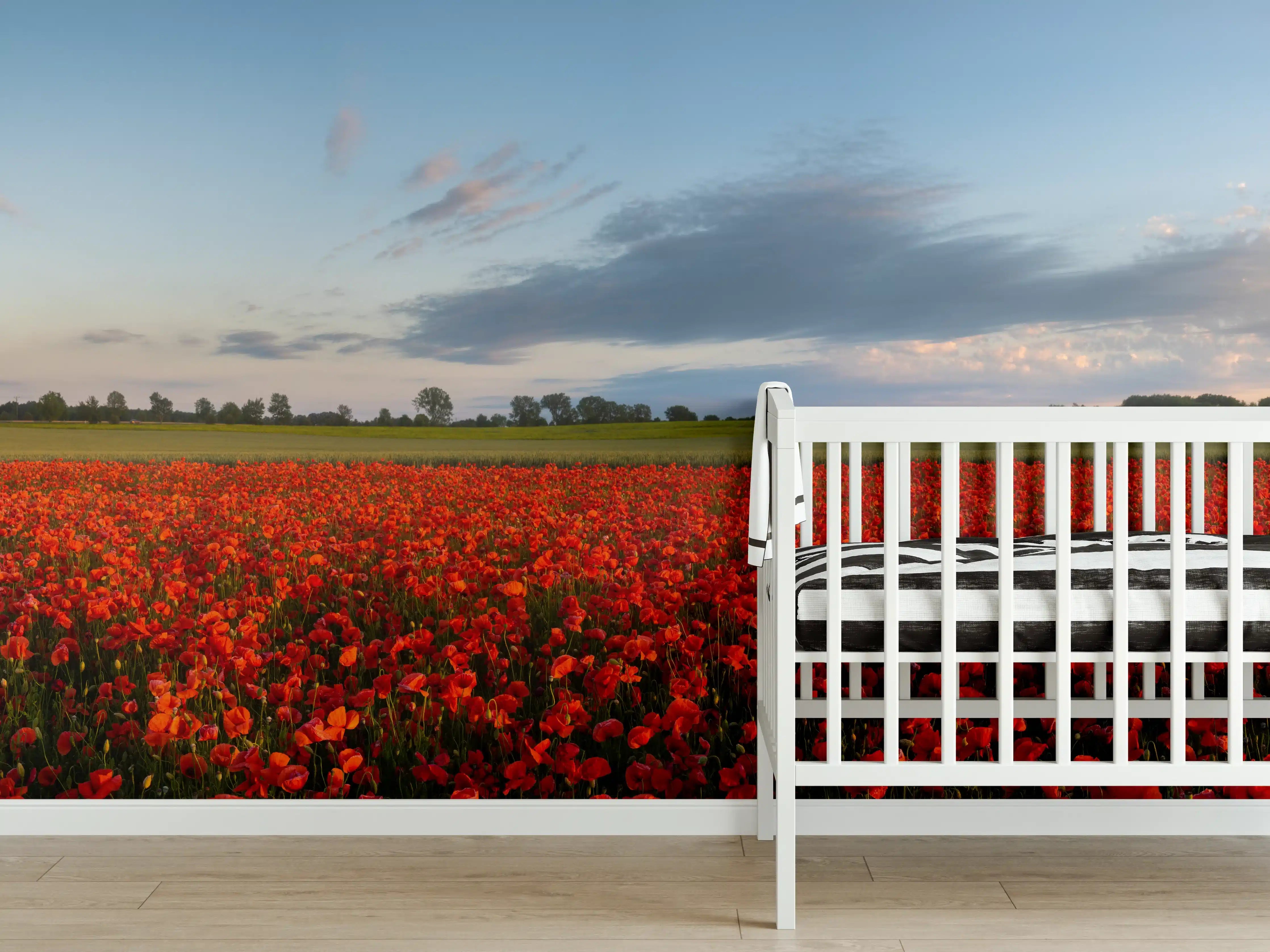 Babyzimmer Wandgestaltung - Rotes Mohnfeld unter blauem Himmel