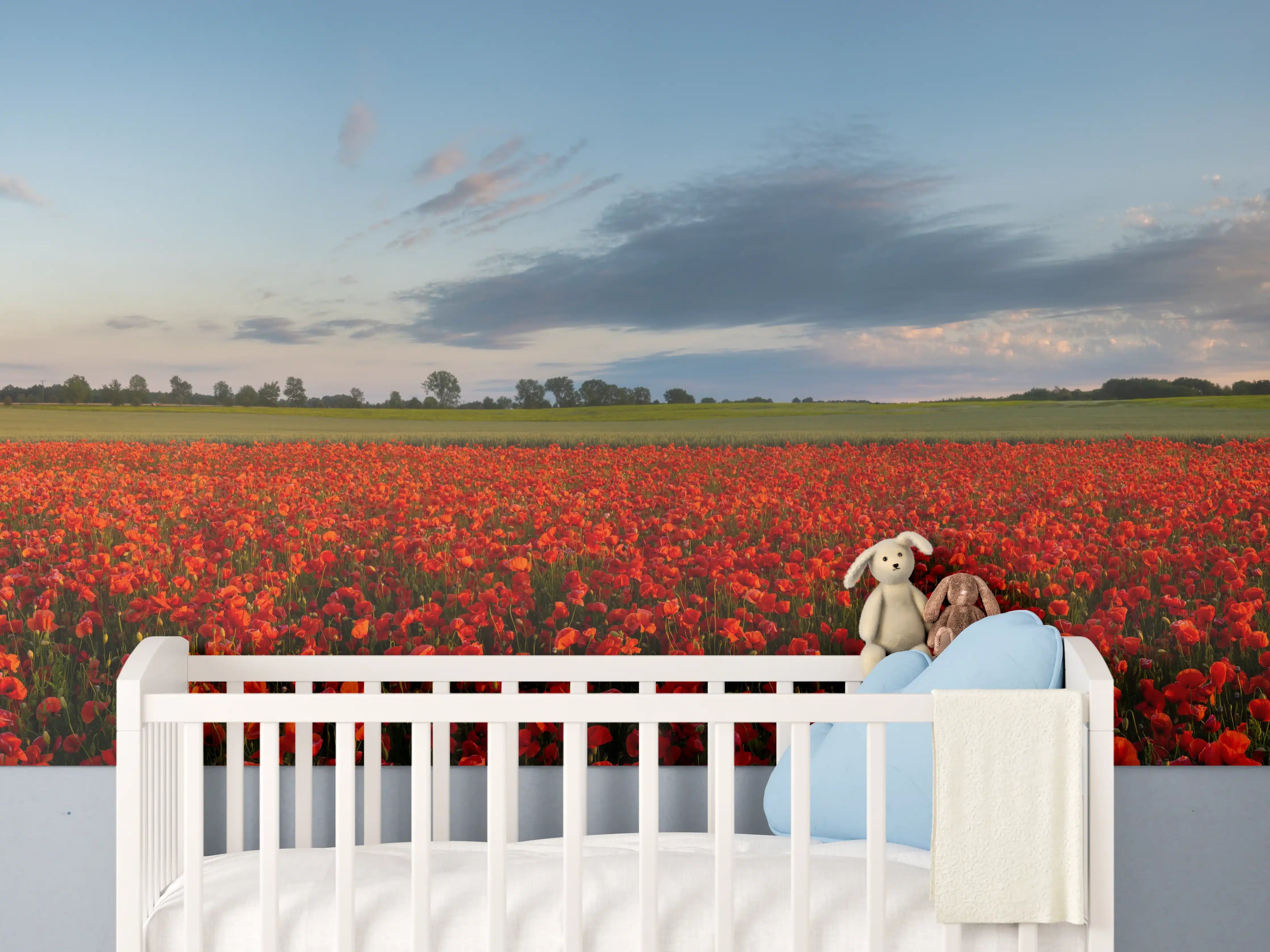 Babyzimmer Wandgestaltung - Rotes Mohnfeld unter blauem Himmel