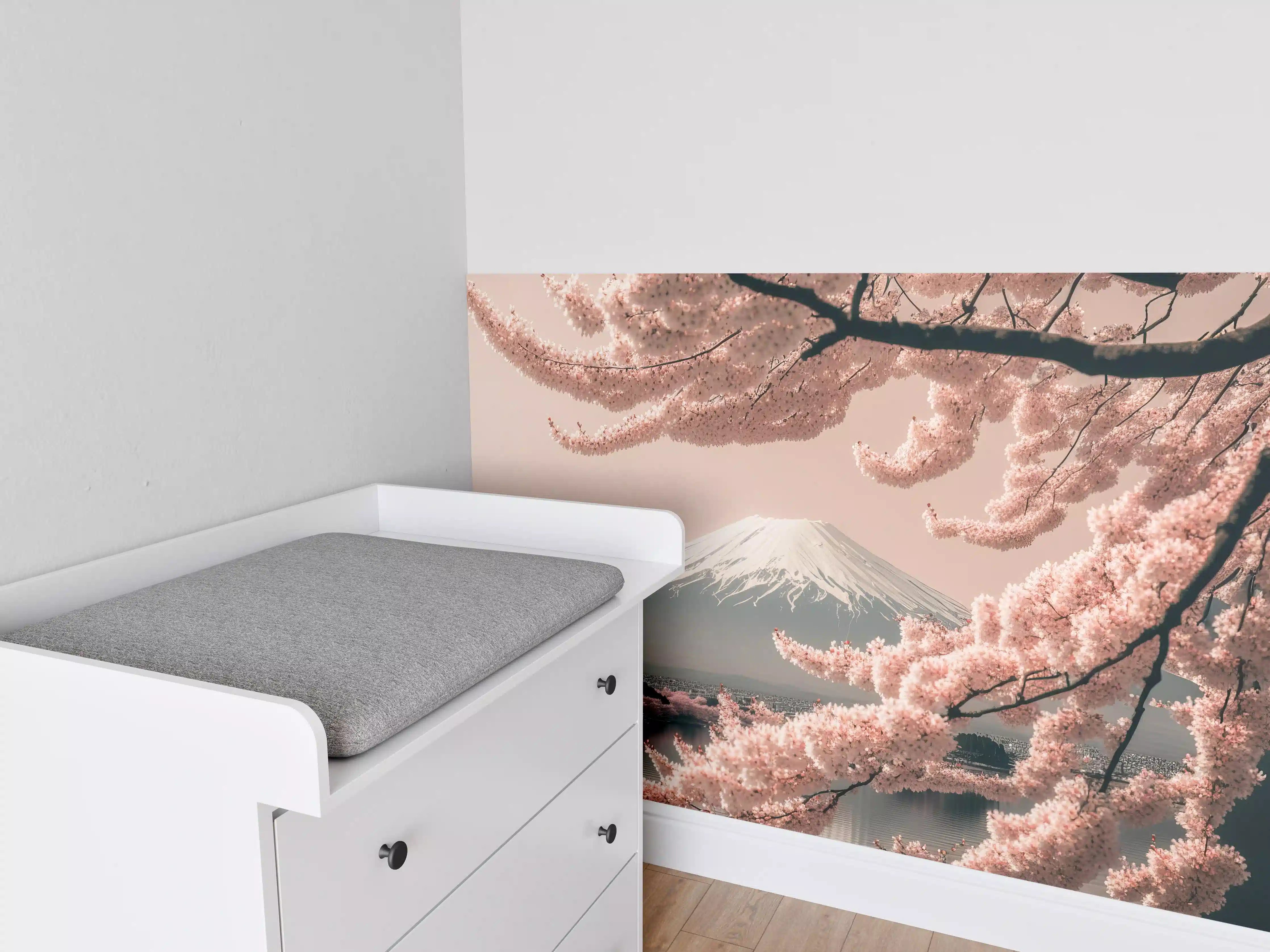 Babyzimmer Wandgestaltung - Sakura Baum mit Fuji Berg im Hintergrund