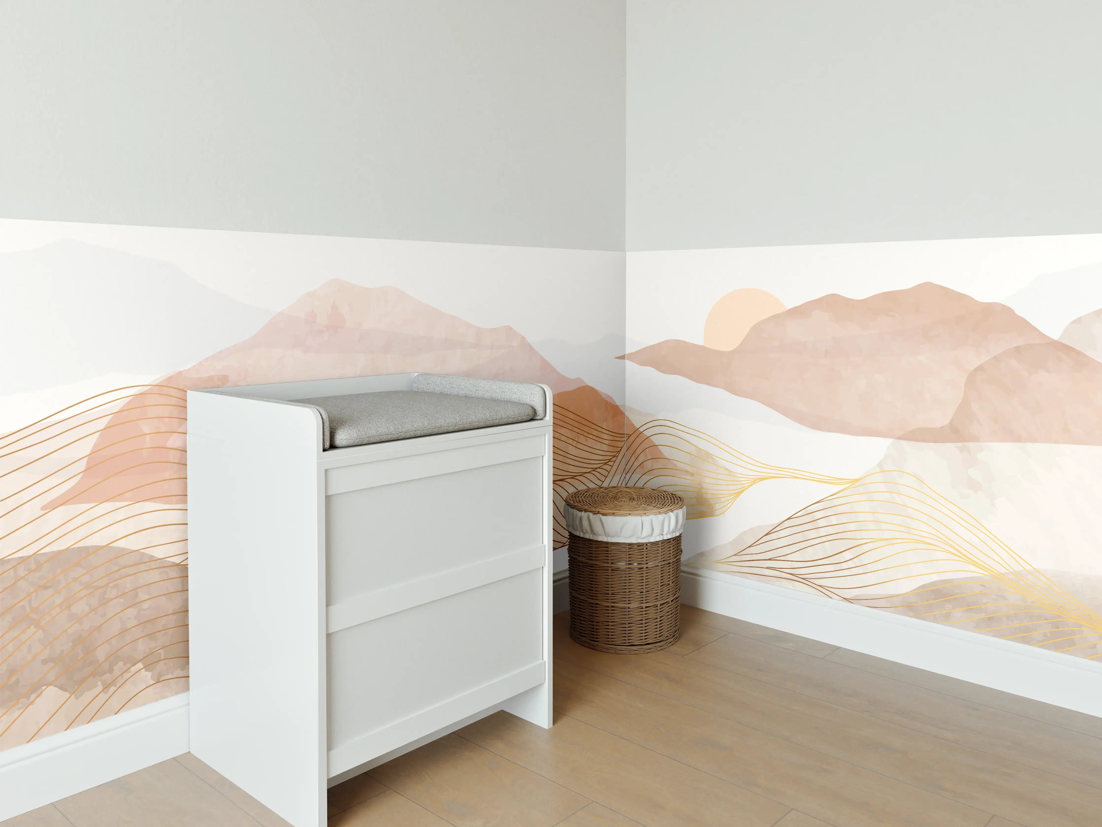 Babyzimmer Wandgestaltung - Sanfte Berglandschaft in pastelfarben