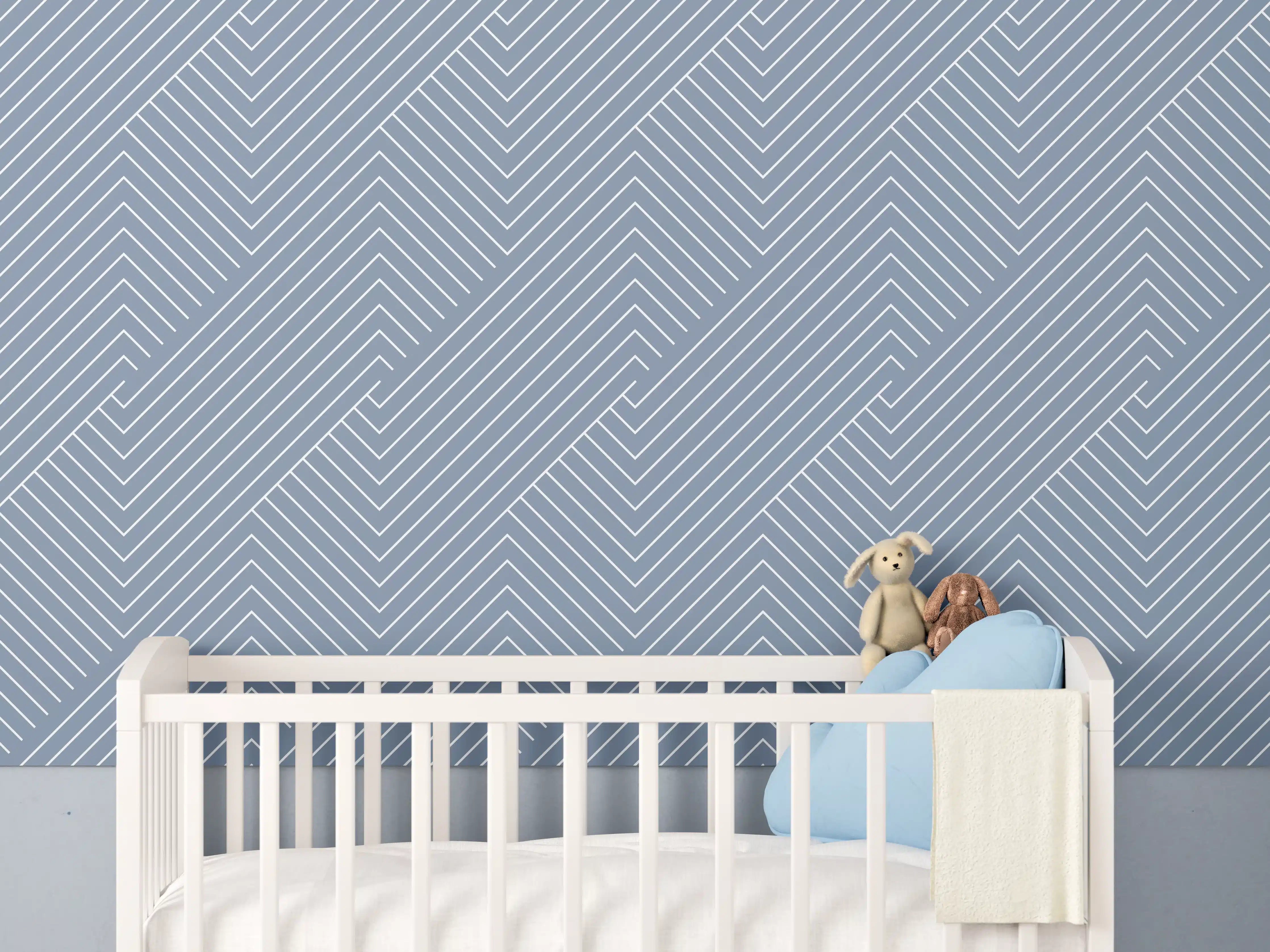 Babyzimmer Wandgestaltung - Sanfte Blautöne, geometrische Muster