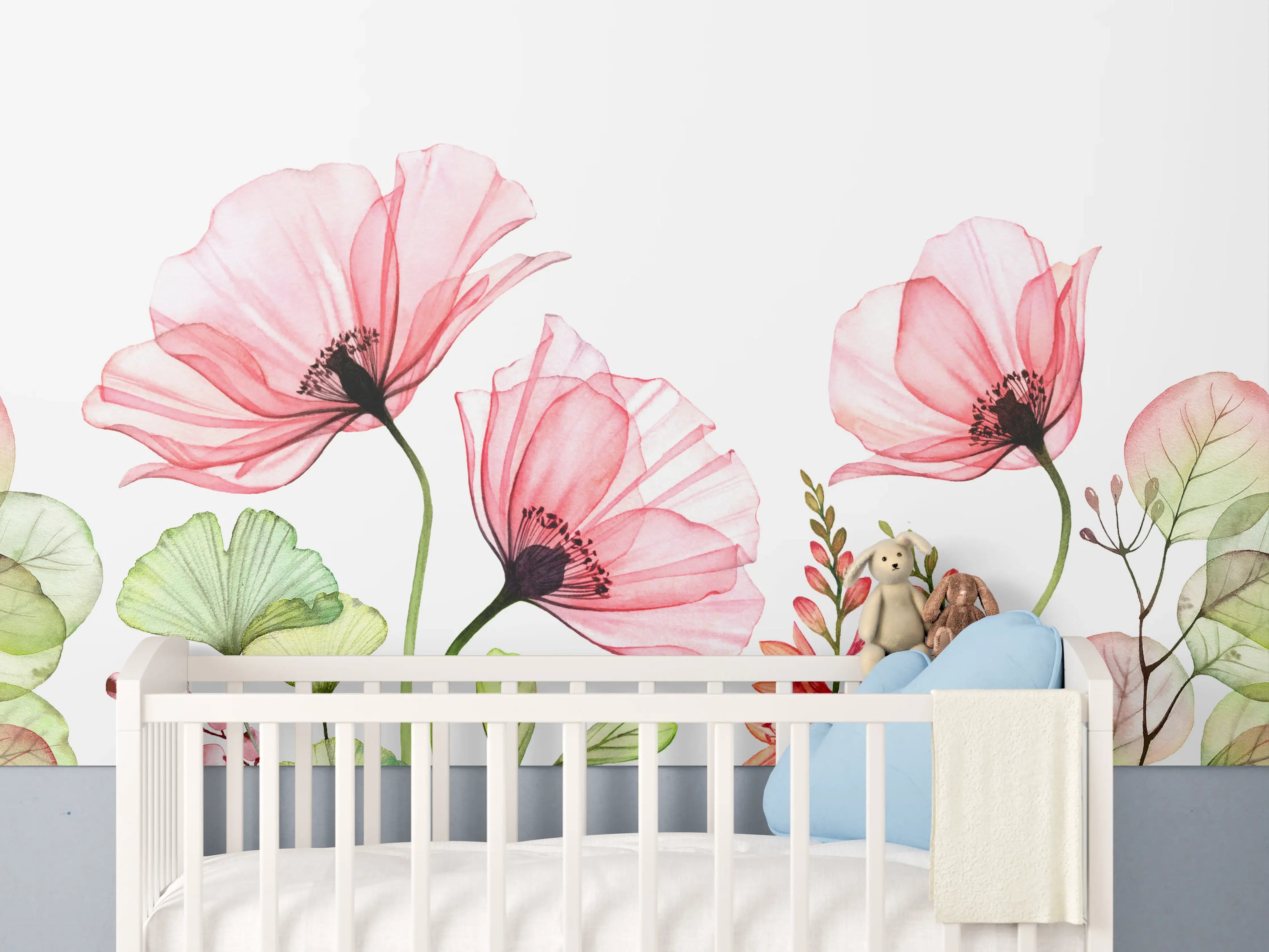 Babyzimmer Wandgestaltung - Sanfte Blumen im Wasserfarben-Stil