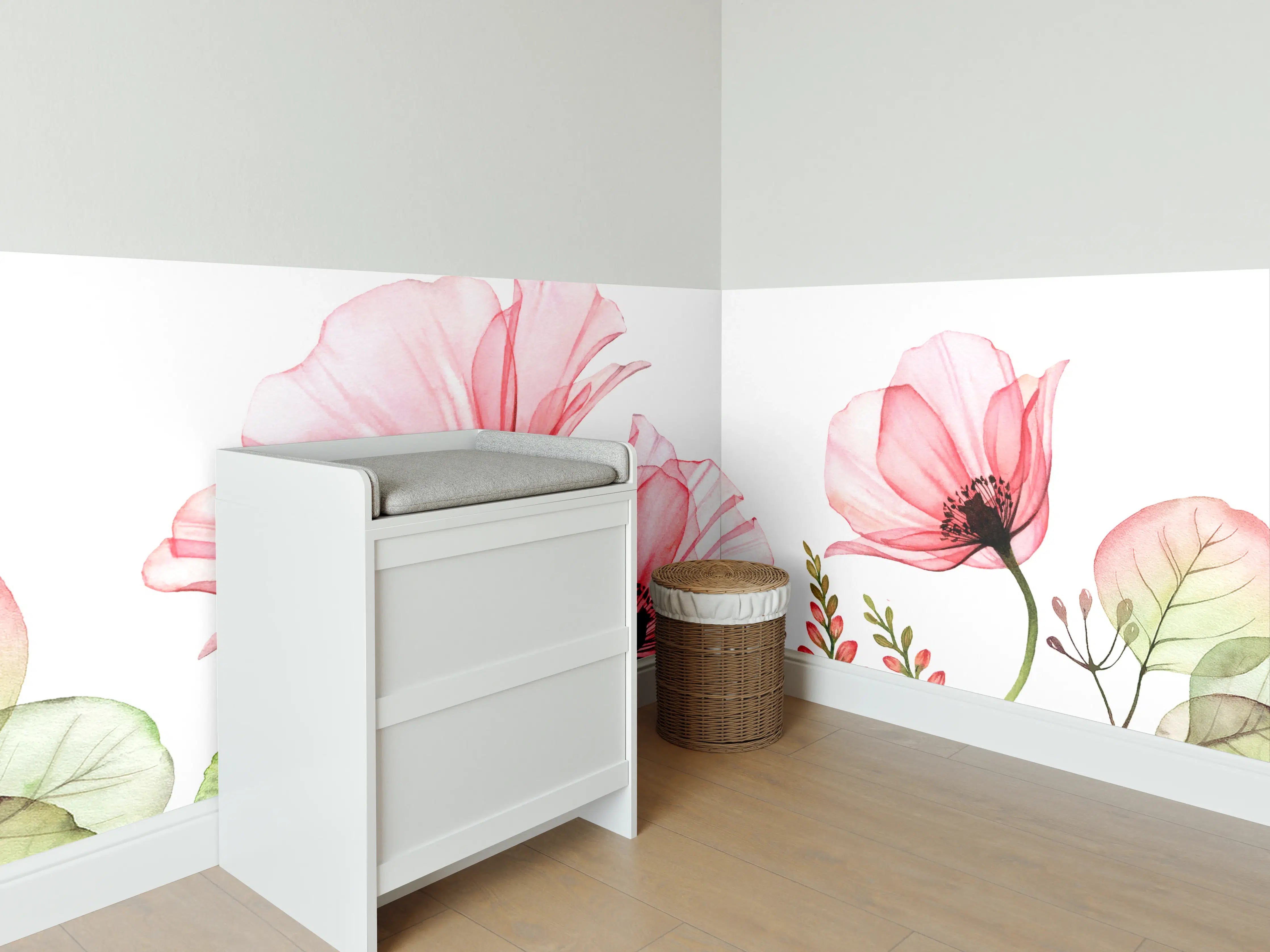 Babyzimmer Wandgestaltung - Sanfte Blumen im Wasserfarben-Stil