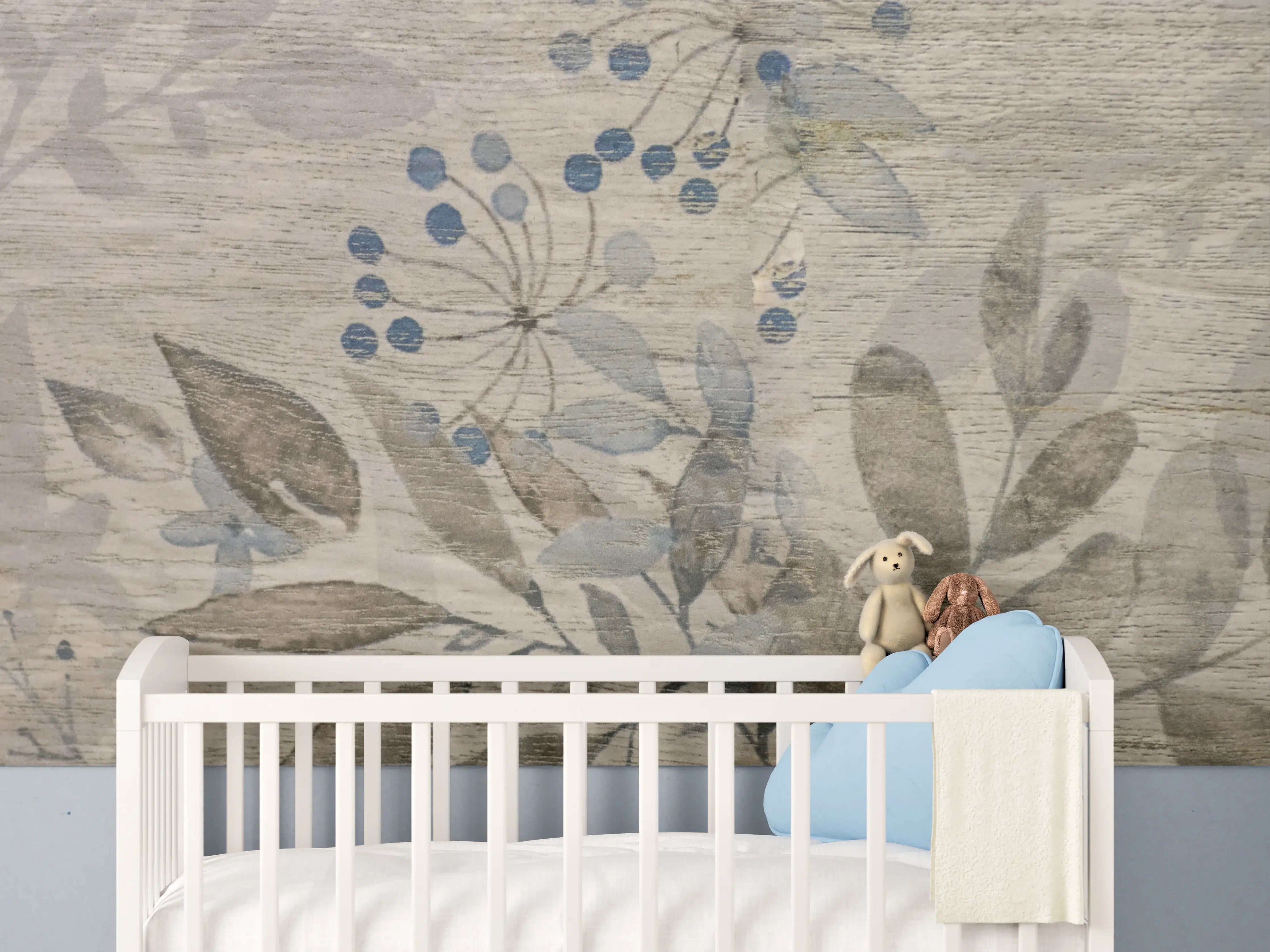 Babyzimmer Wandgestaltung - Sanfte Blumenmuster auf hellem Holz-Design