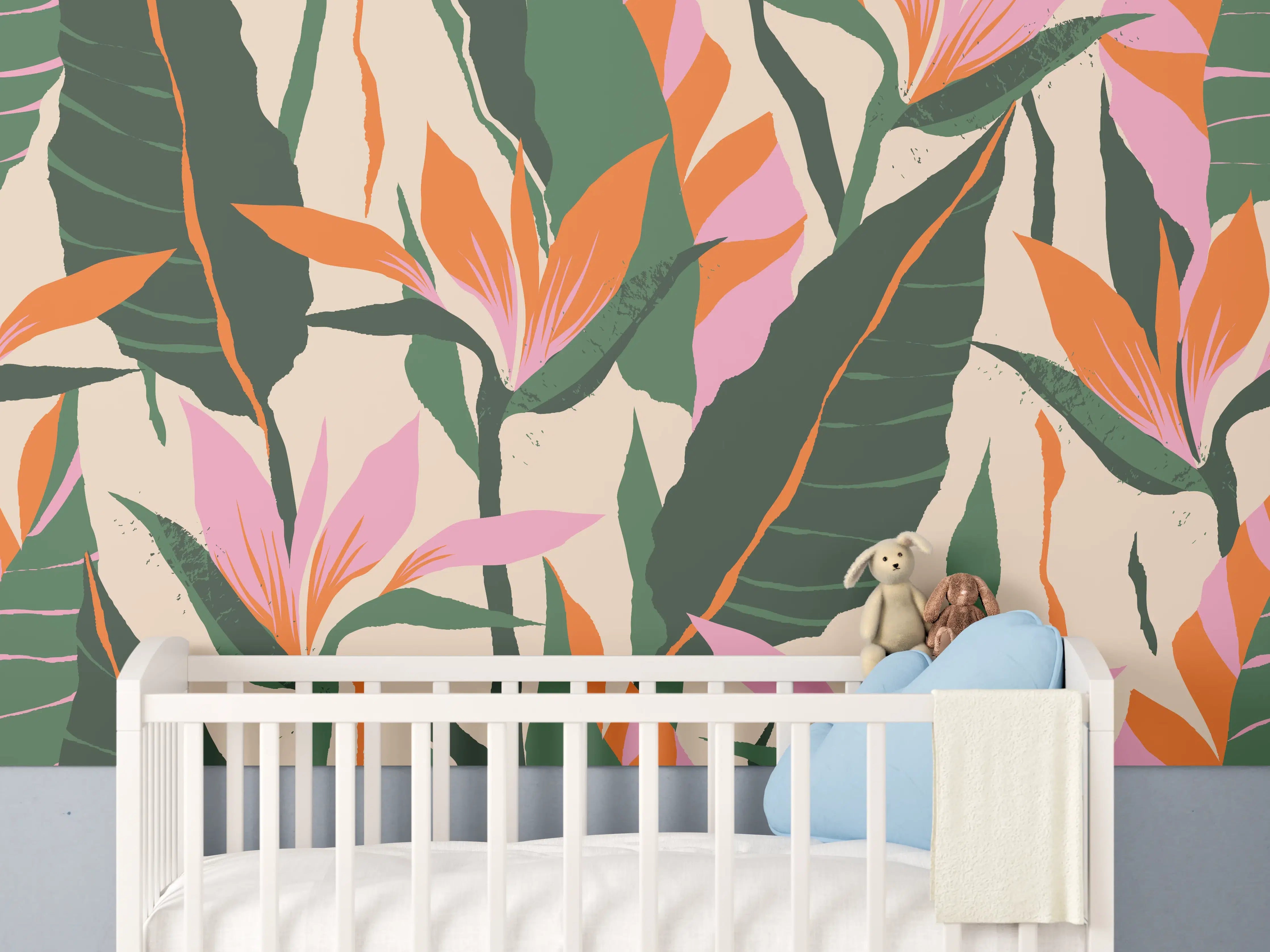 Babyzimmer Wandgestaltung - Sanfte Graupastell-Blumenmotive