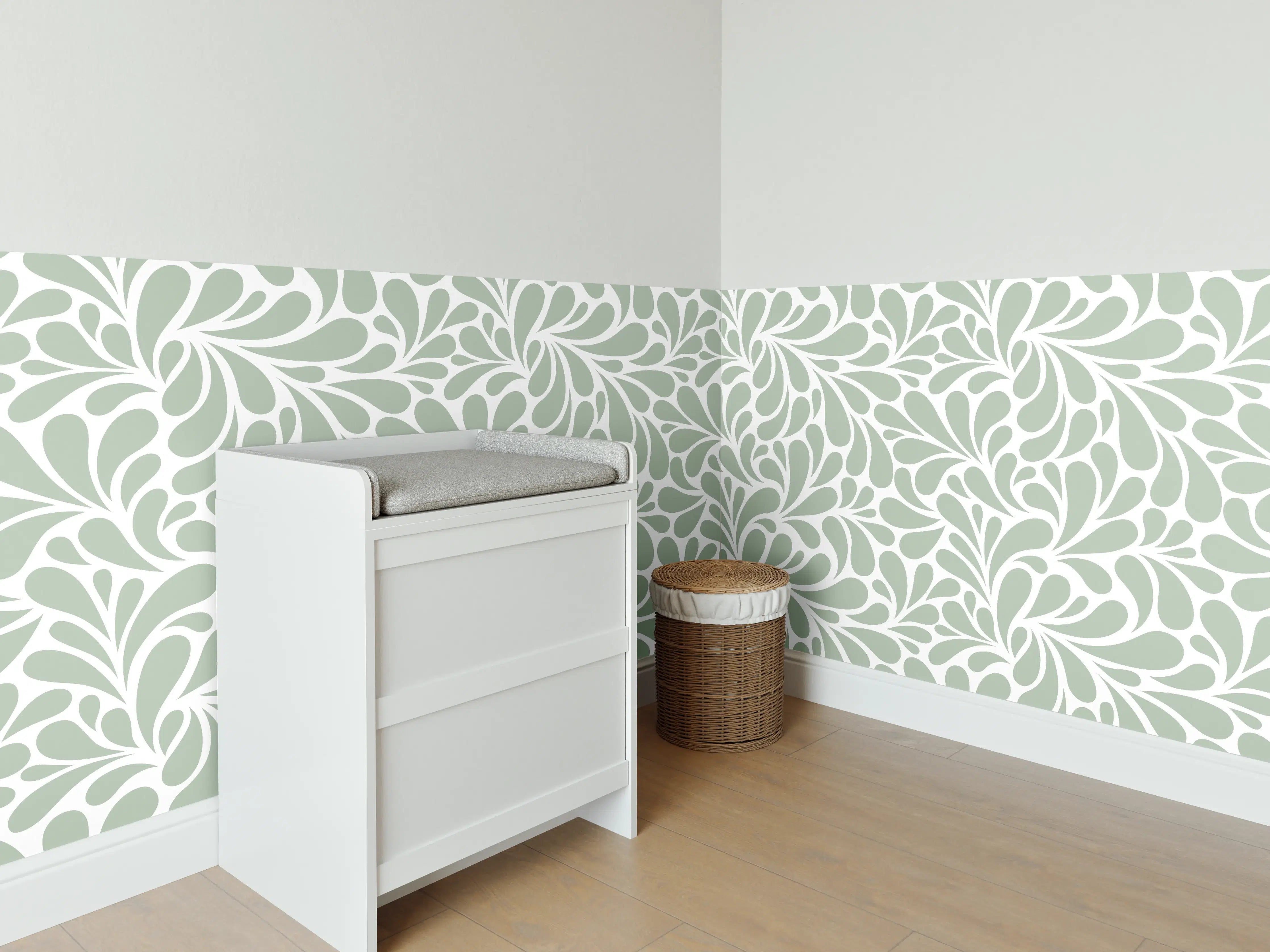 Babyzimmer Wandgestaltung - Sanfte Grüntöne mit floraler Musterung