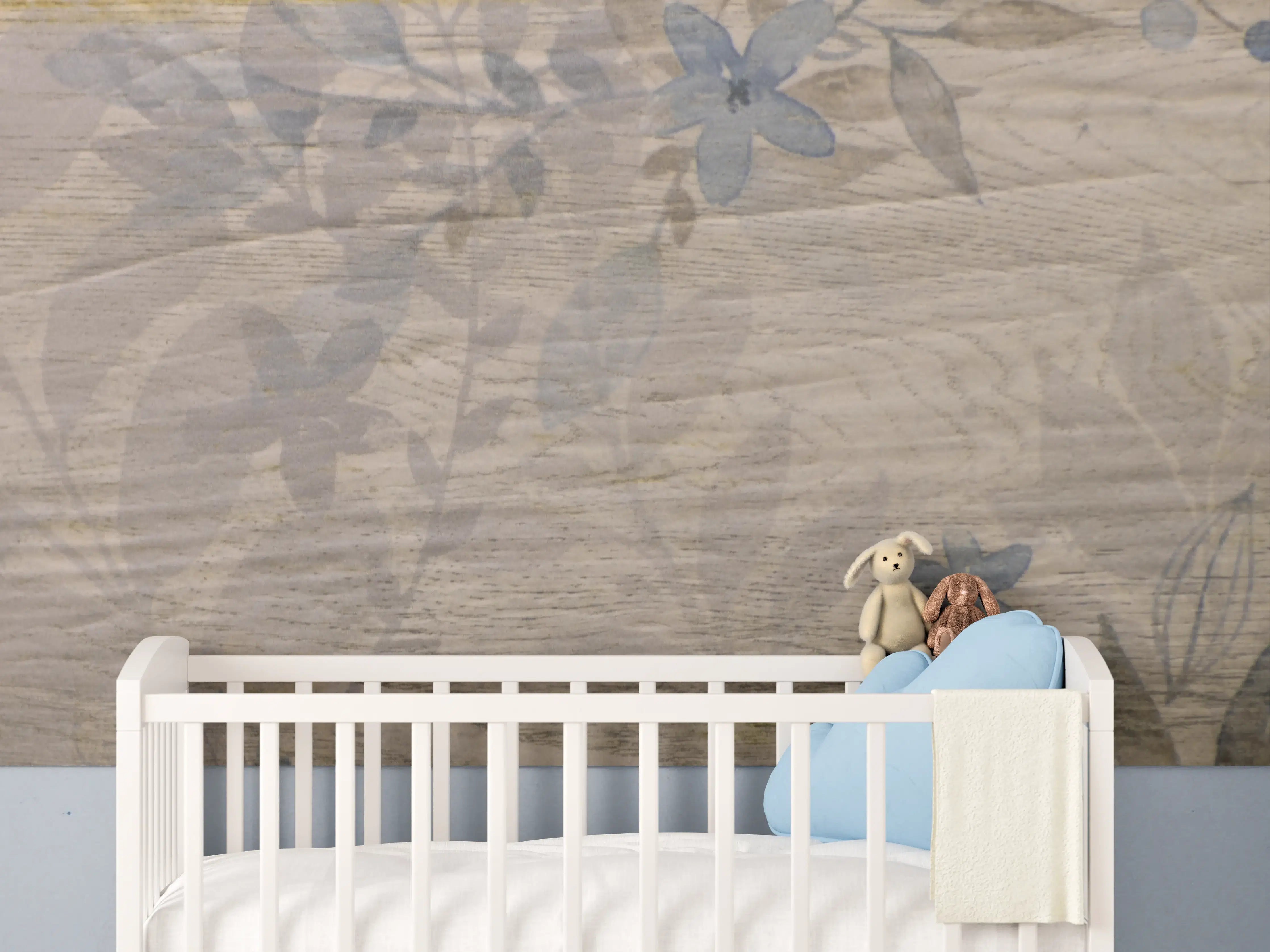 Babyzimmer Wandgestaltung - Sanfte Holztextur mit floralem Muster