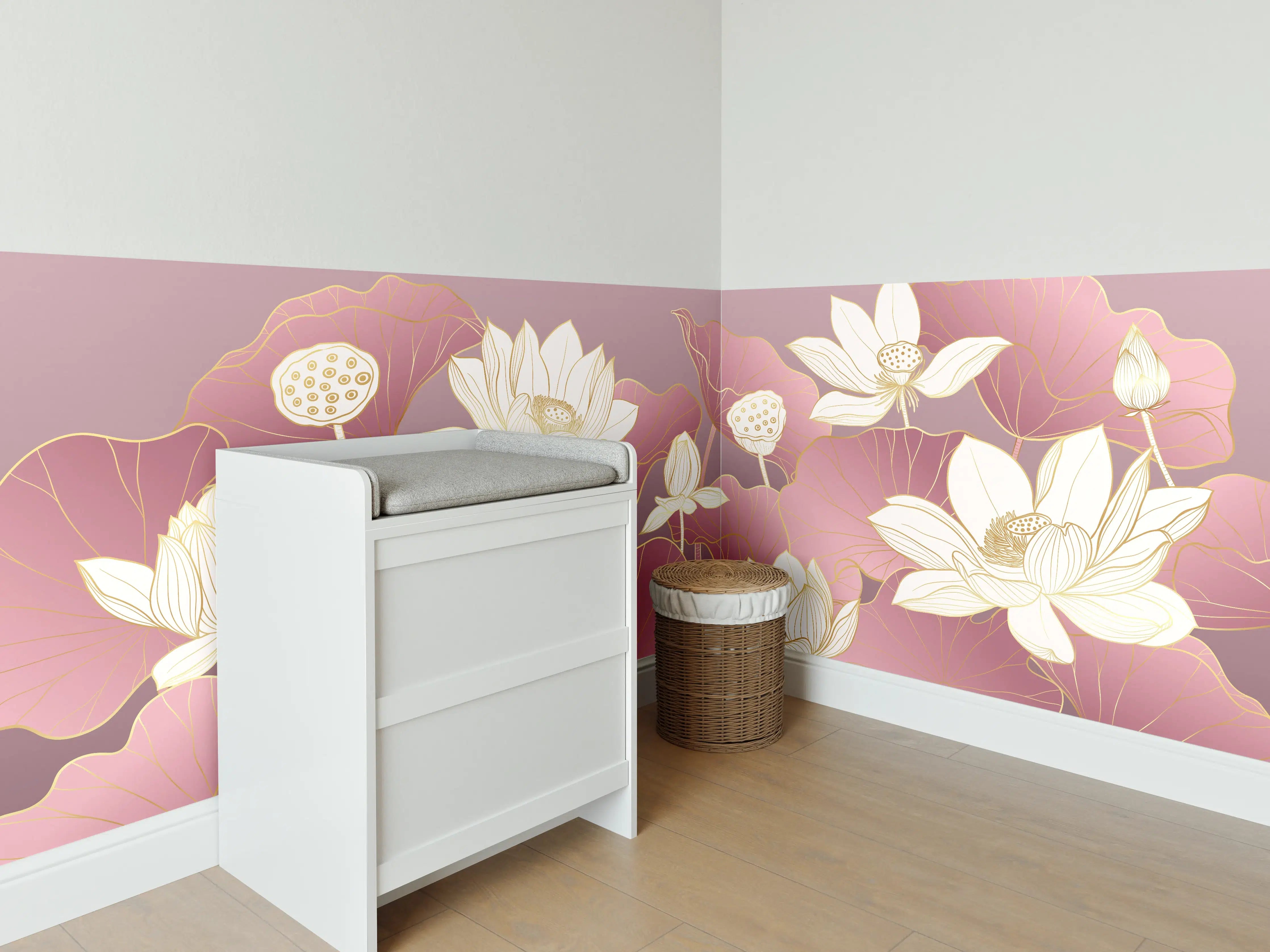 Babyzimmer Wandgestaltung - Sanfte Lotusblumen auf pinkem Hintergrund