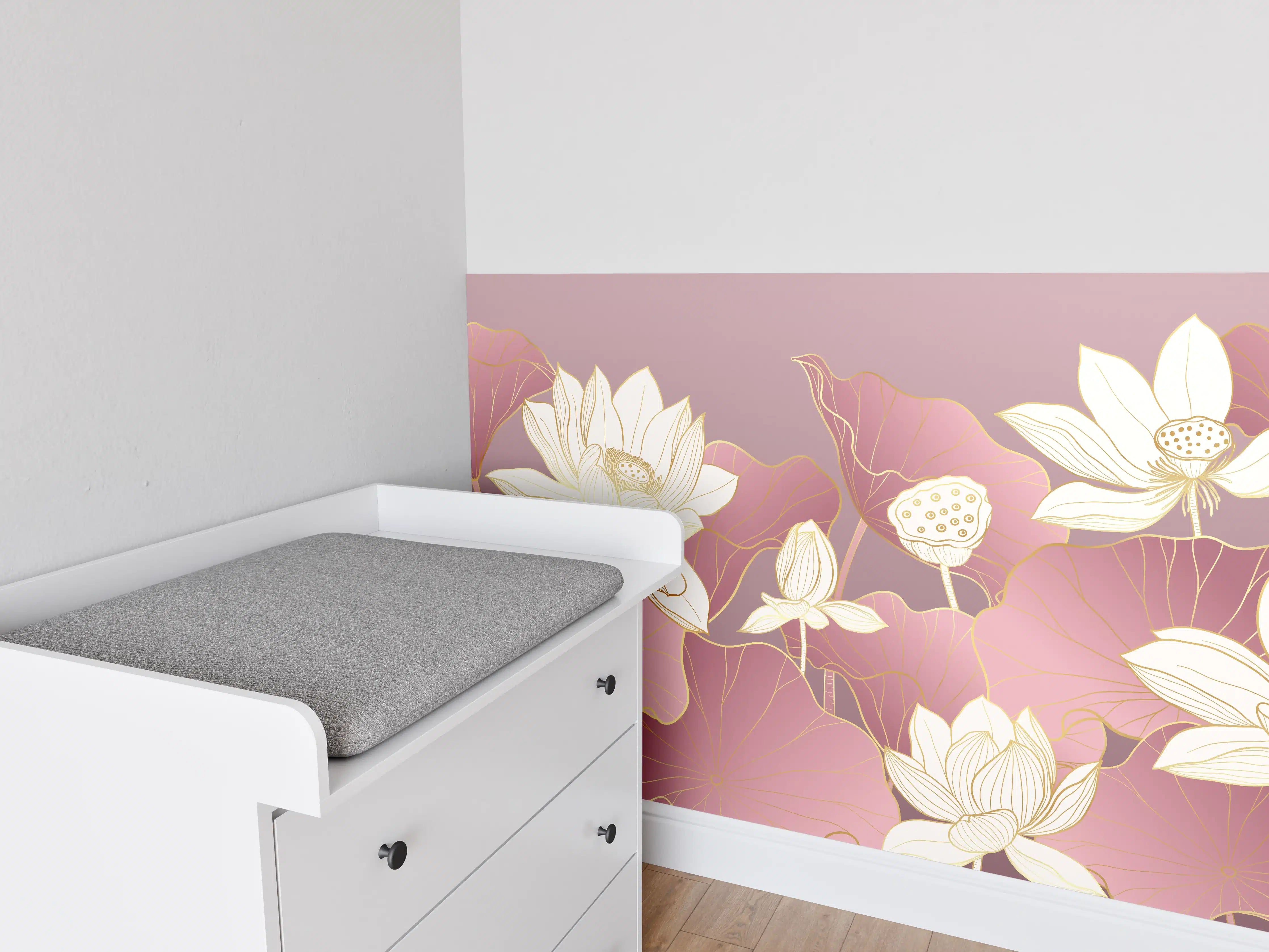 Babyzimmer Wandgestaltung - Sanfte Lotusblumen auf pinkem Hintergrund