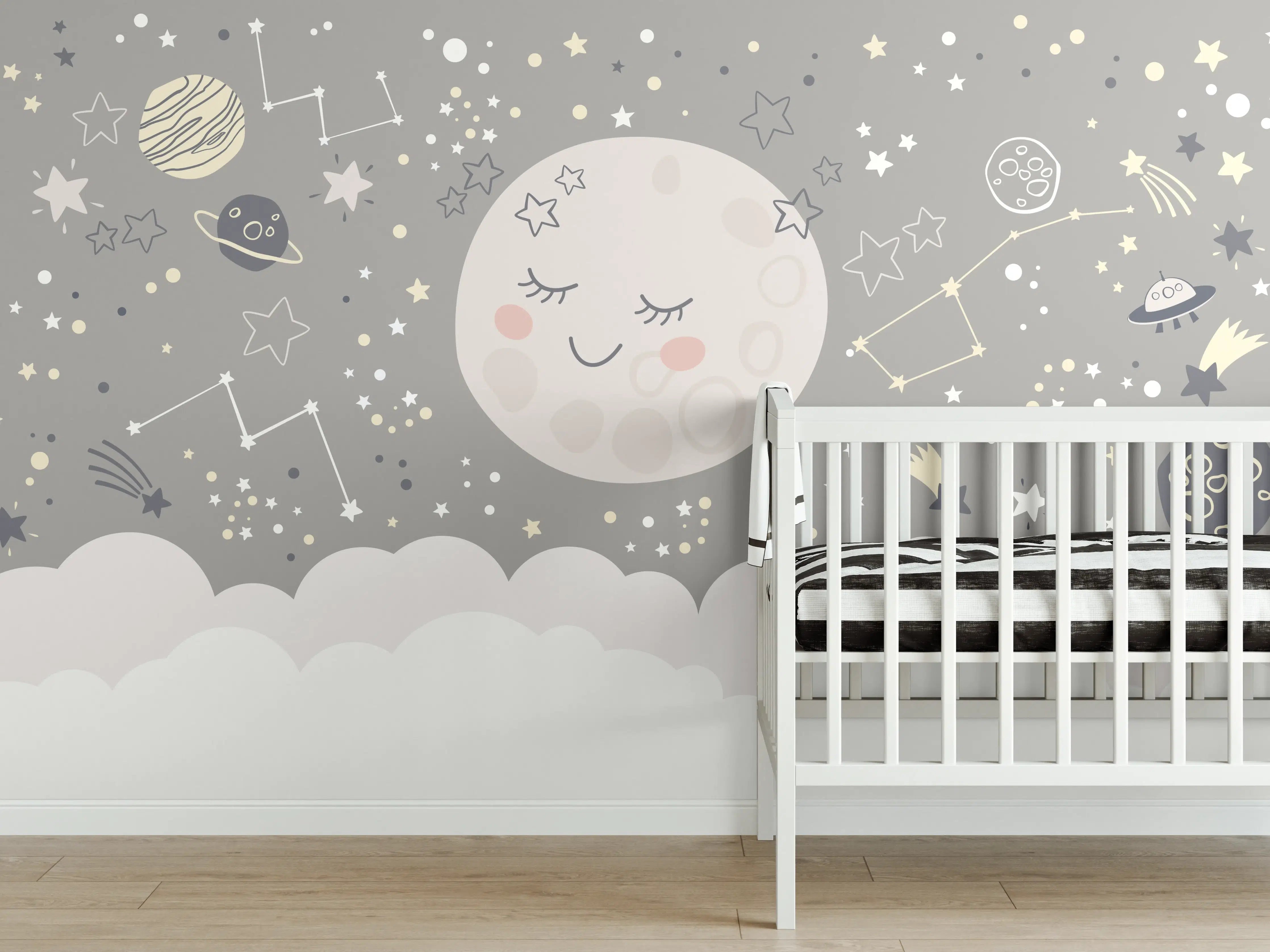 Babyzimmer Wandgestaltung - Sanfte Mondnacht mit Sternen und Planeten