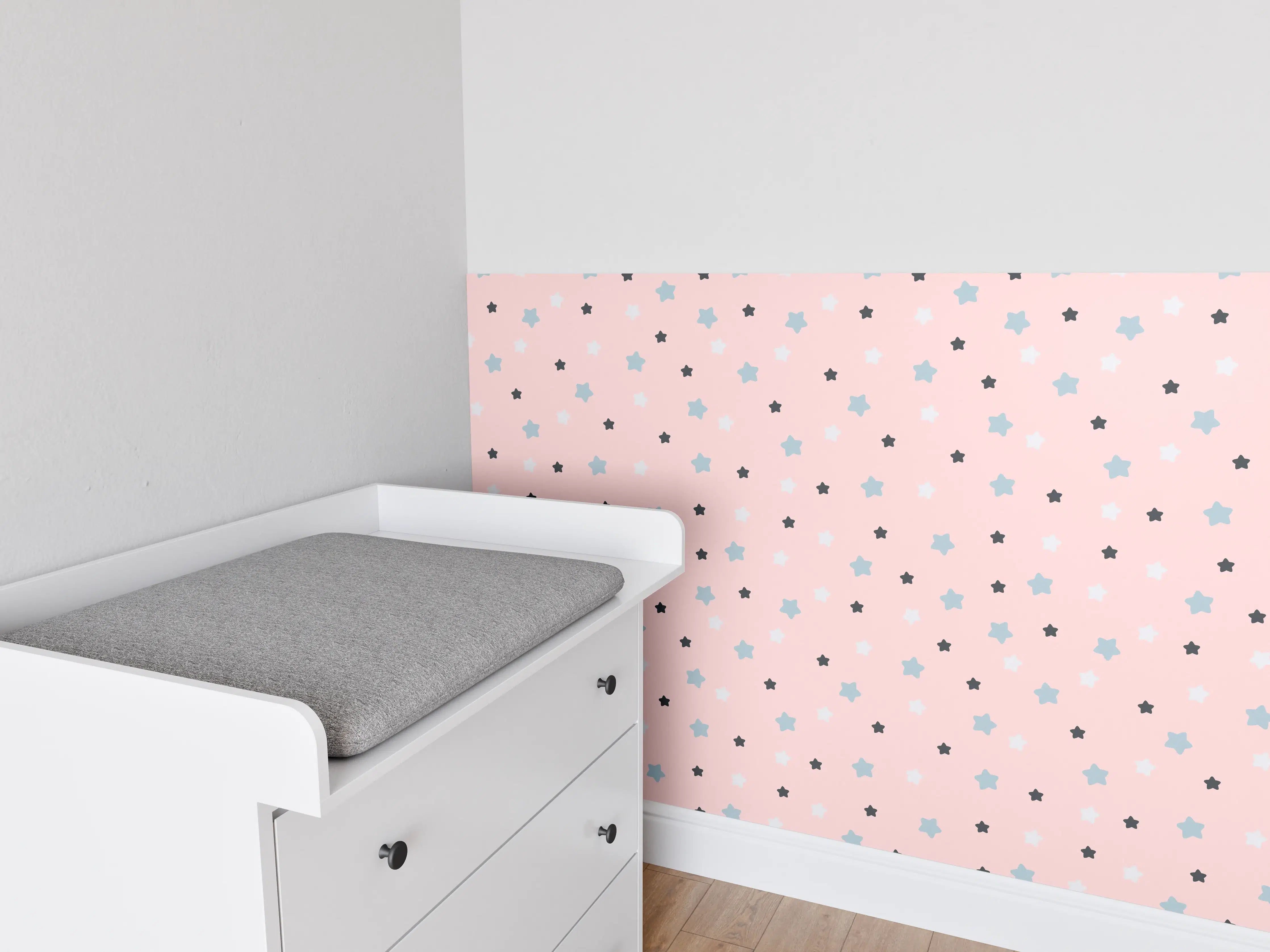 Babyzimmer Wandgestaltung - Sanfte Pastellsterne auf rosafarbenem Hintergrund