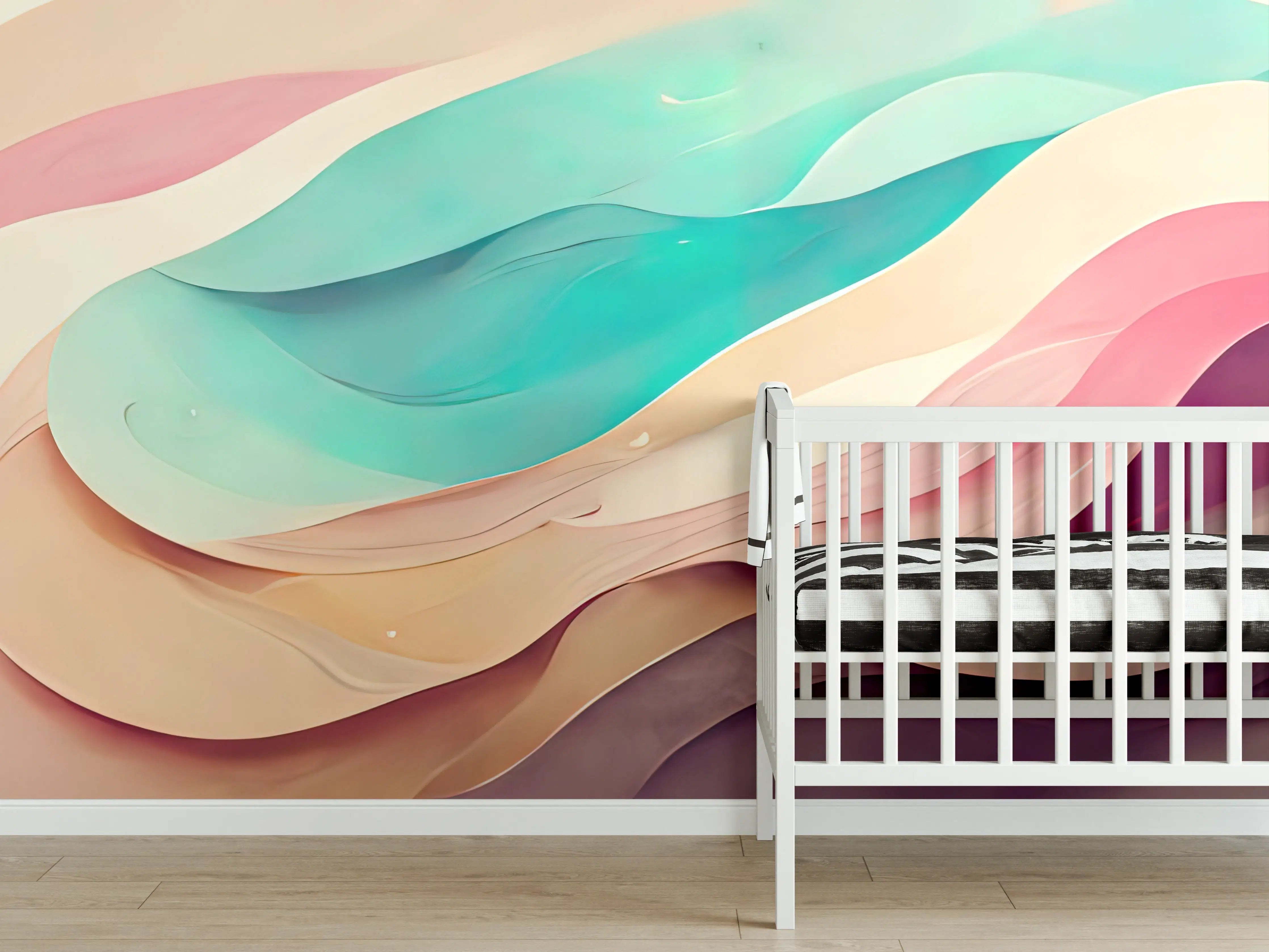 Babyzimmer Wandgestaltung - Sanfte Pastelltöne in abstrakter Wellenform