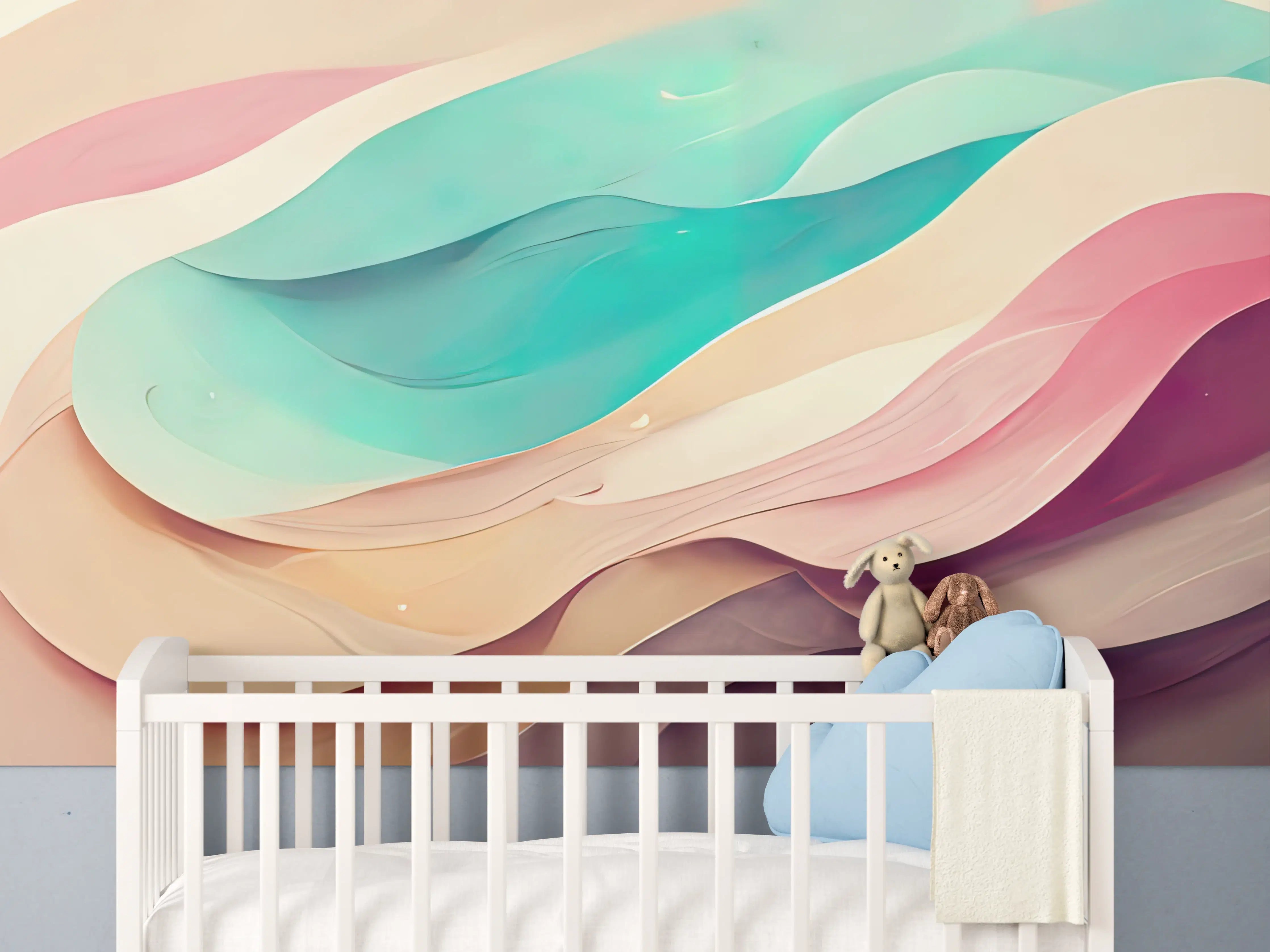 Babyzimmer Wandgestaltung - Sanfte Pastelltöne in abstrakter Wellenform