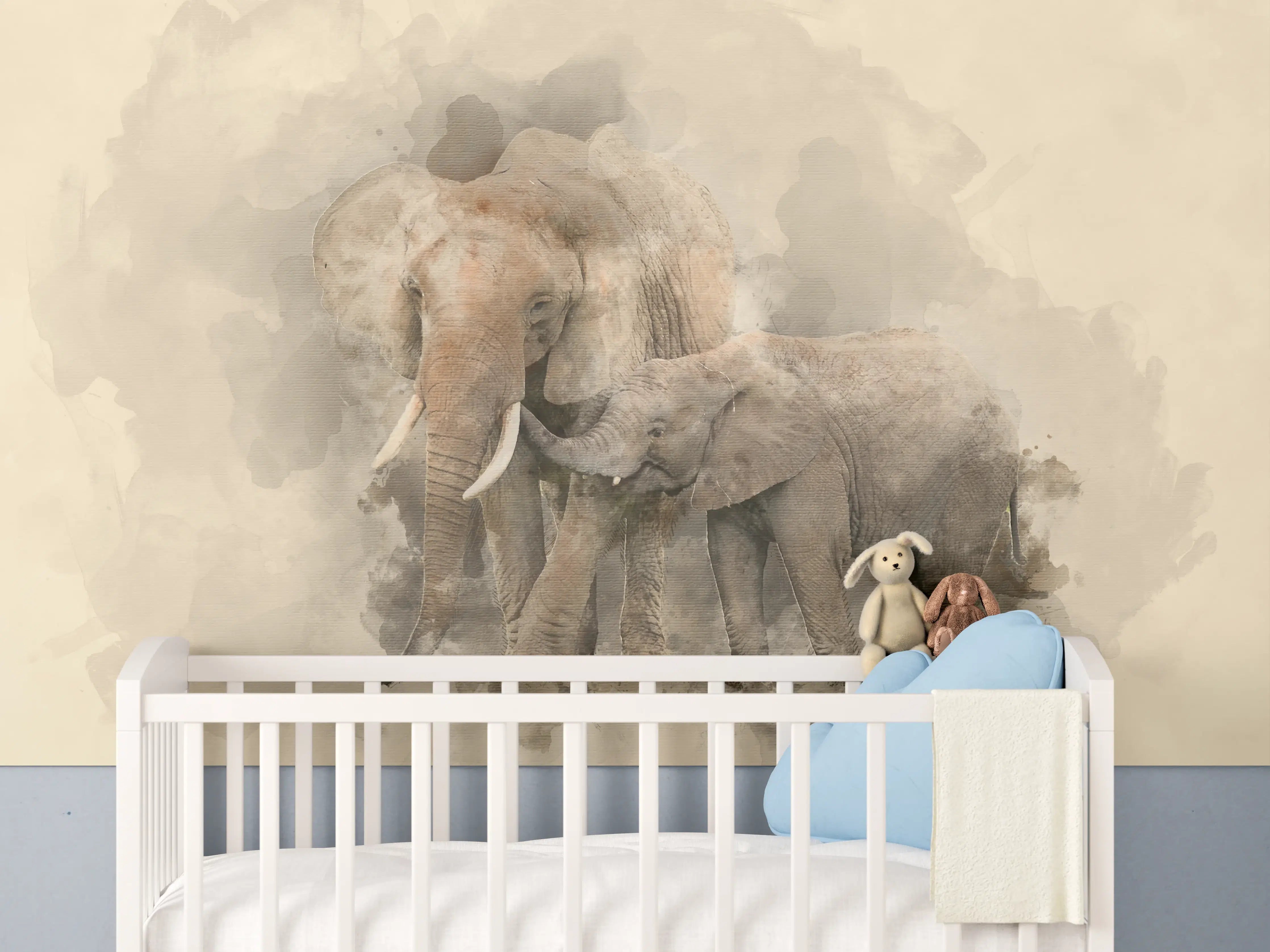 Babyzimmer Wandgestaltung - Sanfte Wasserfarben-Elefantenfamilie
