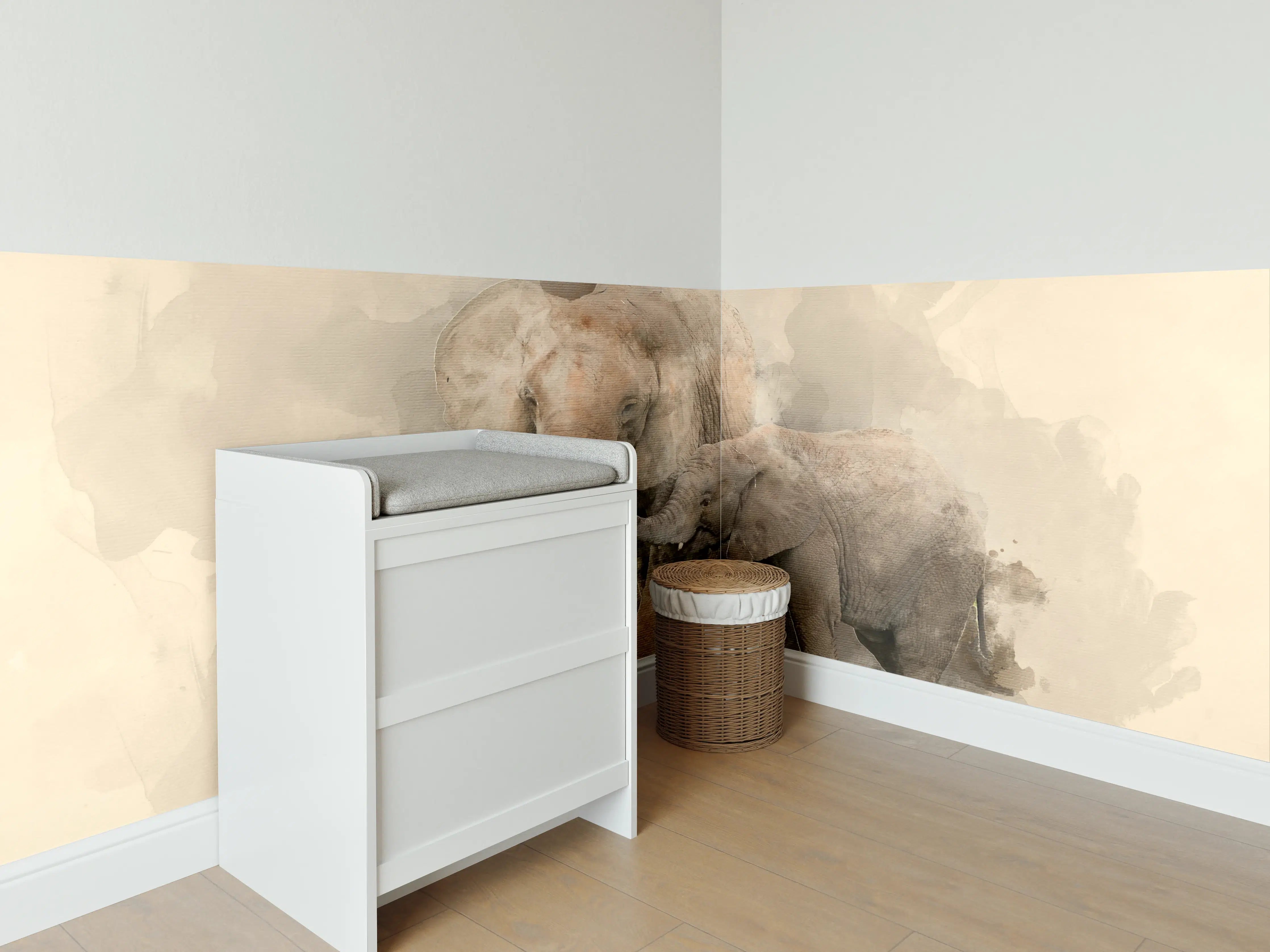 Babyzimmer Wandgestaltung - Sanfte Wasserfarben-Elefantenfamilie