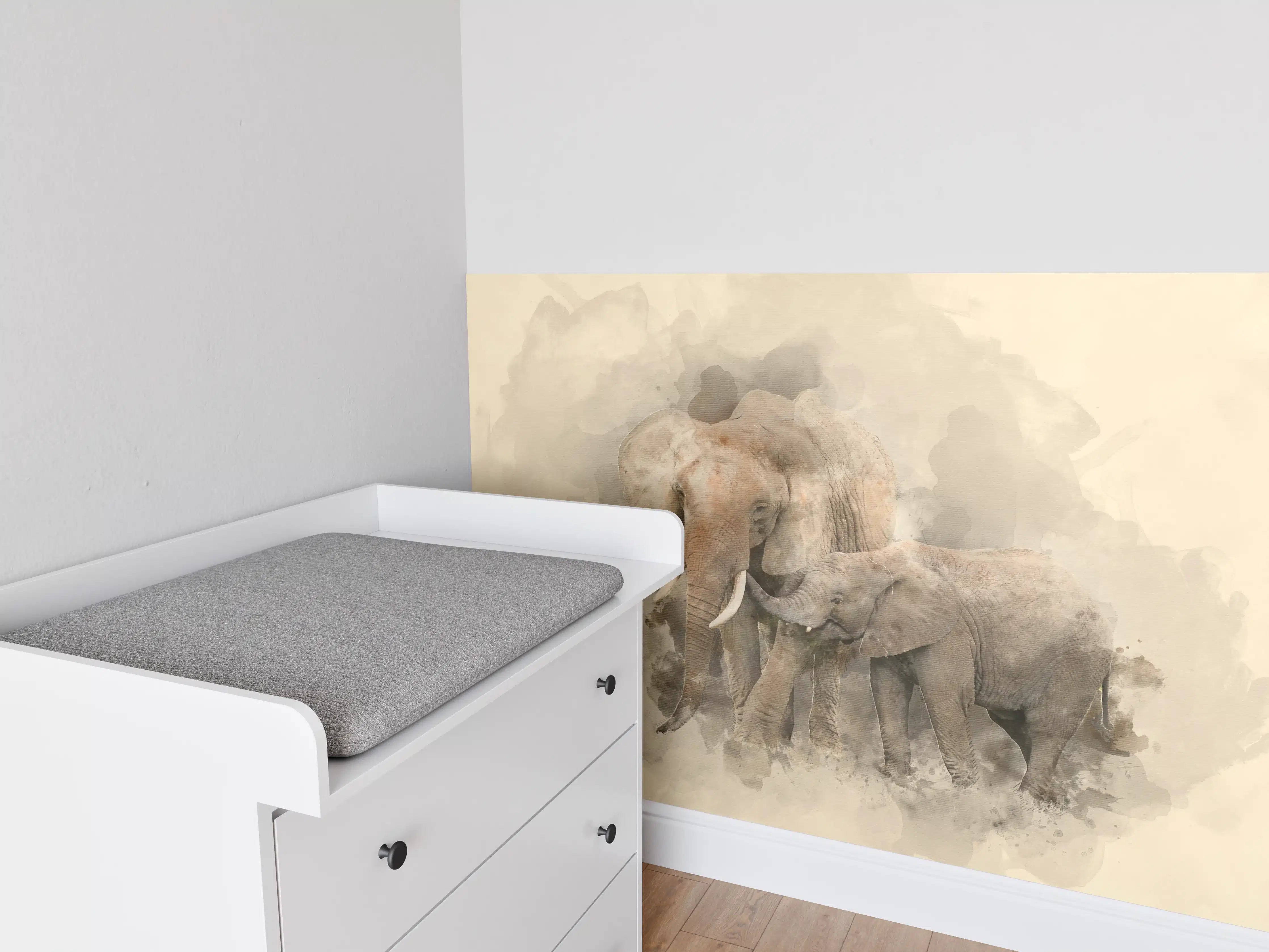 Babyzimmer Wandgestaltung - Sanfte Wasserfarben-Elefantenfamilie