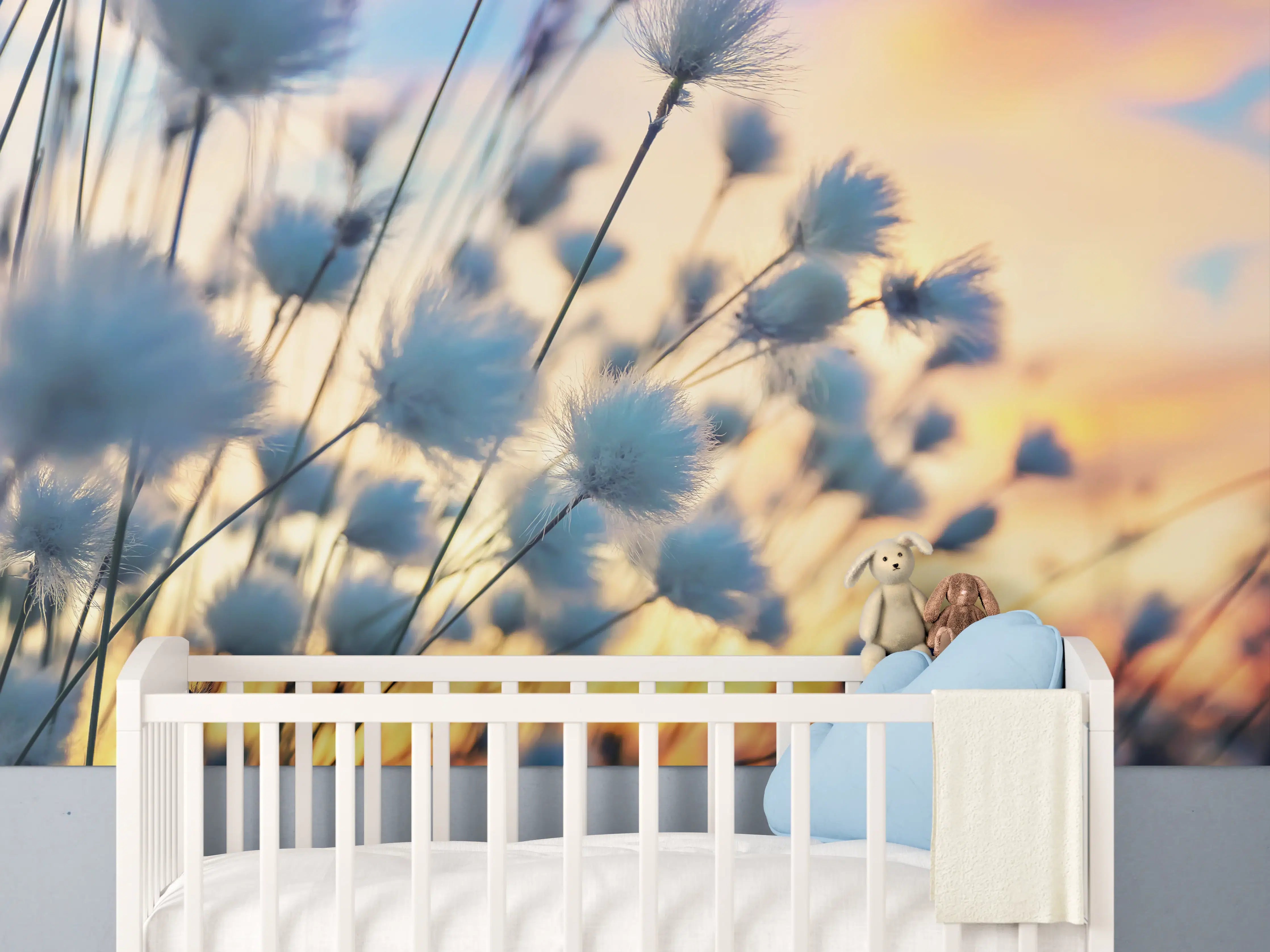 Babyzimmer Wandgestaltung - Sanfte Wiesenblumen bei Sonnenuntergang