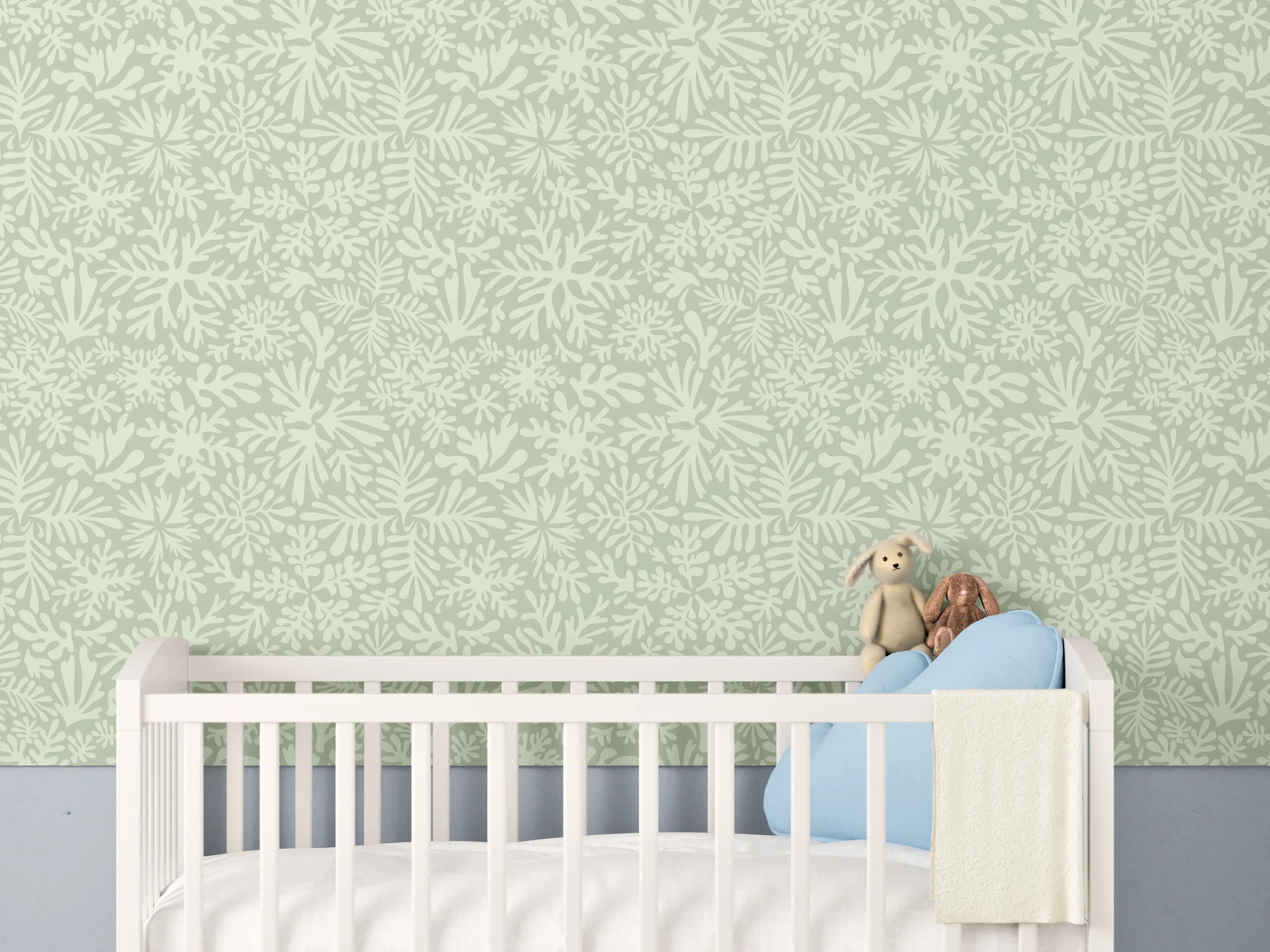 Babyzimmer Wandgestaltung - Sanfte grüne Blumenmuster-Wandgestaltung