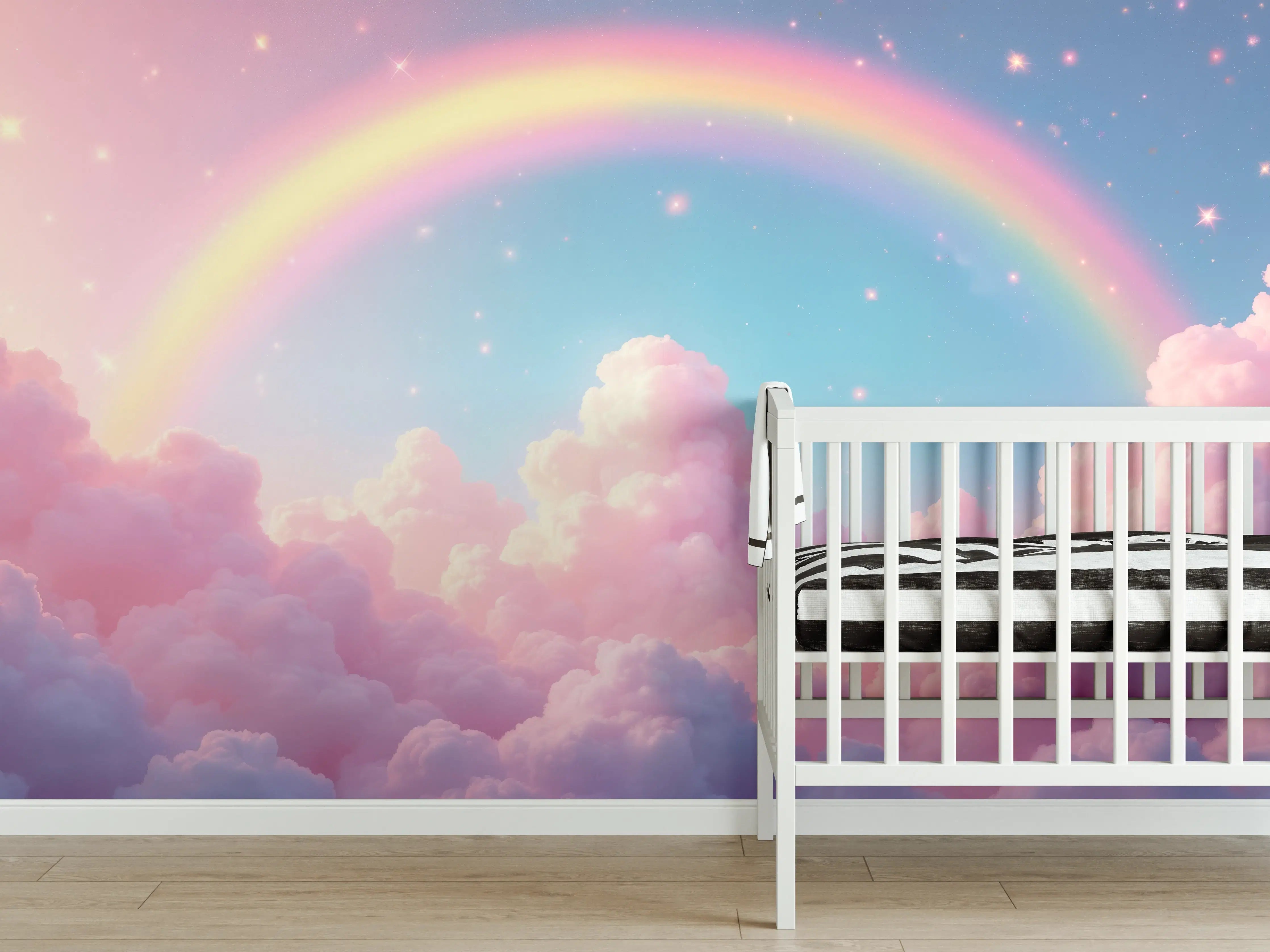 Babyzimmer Wandgestaltung - Sanfter Regenbogen über Wolken