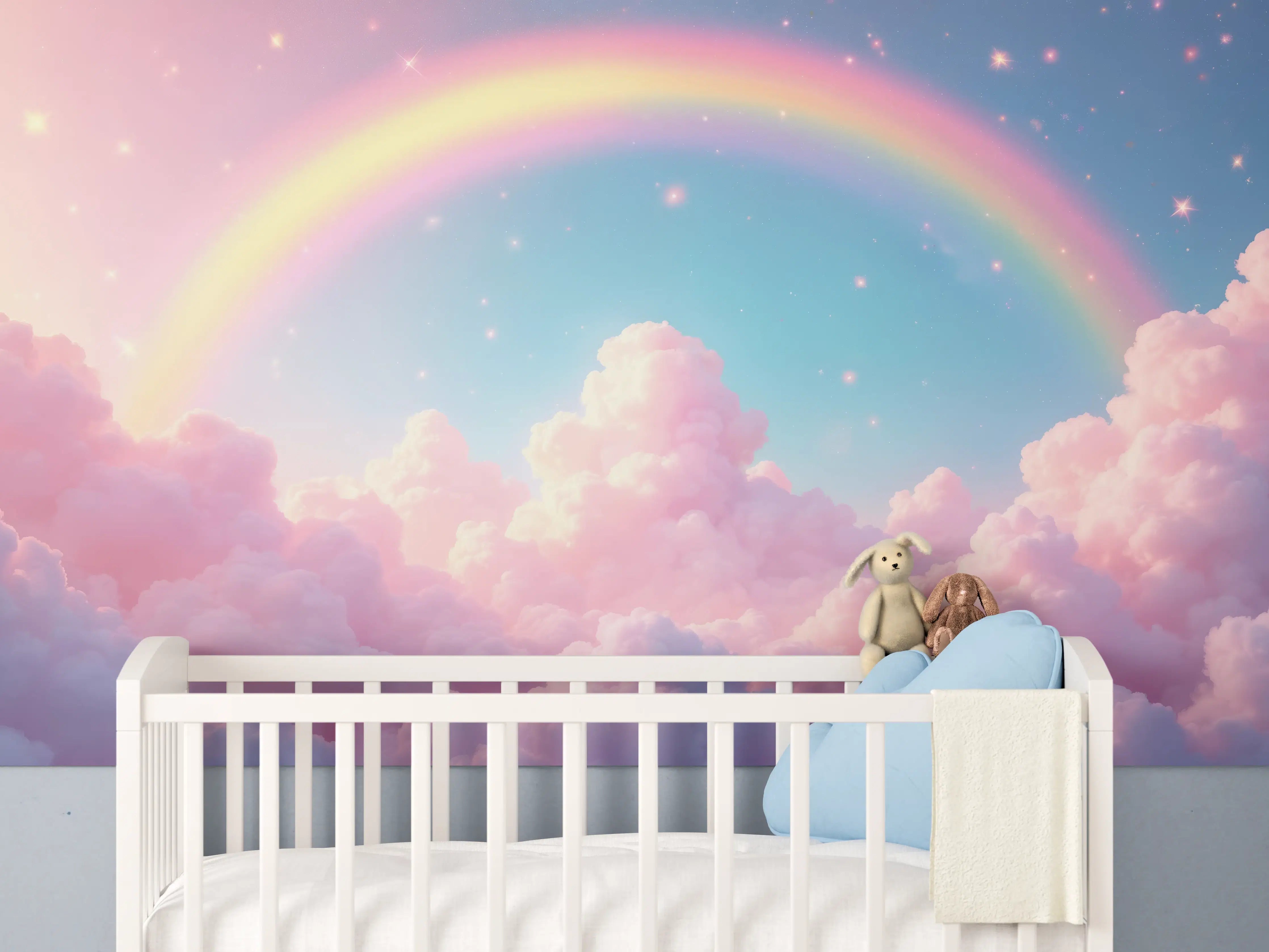 Babyzimmer Wandgestaltung - Sanfter Regenbogen über Wolken