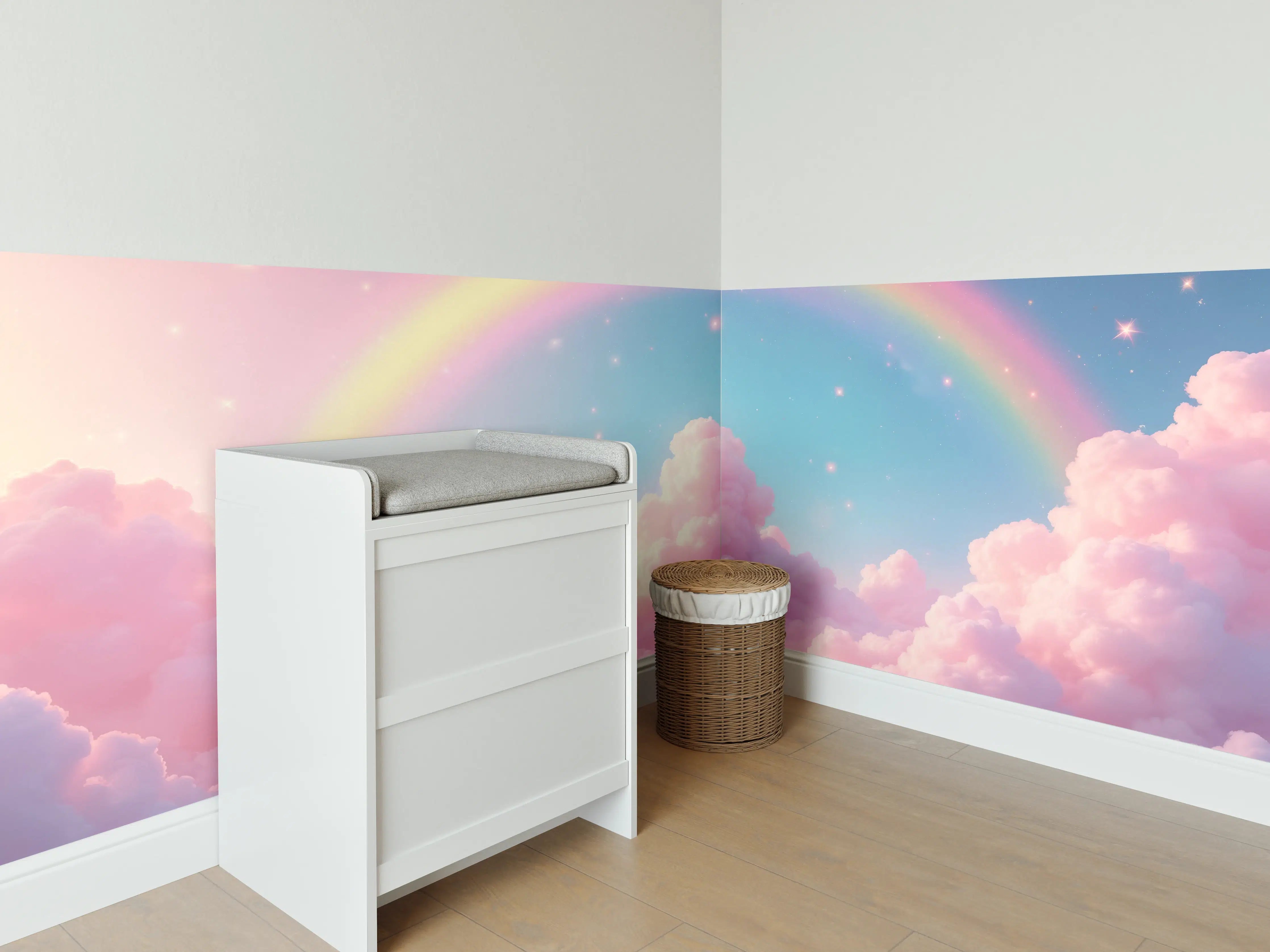 Babyzimmer Wandgestaltung - Sanfter Regenbogen über Wolken