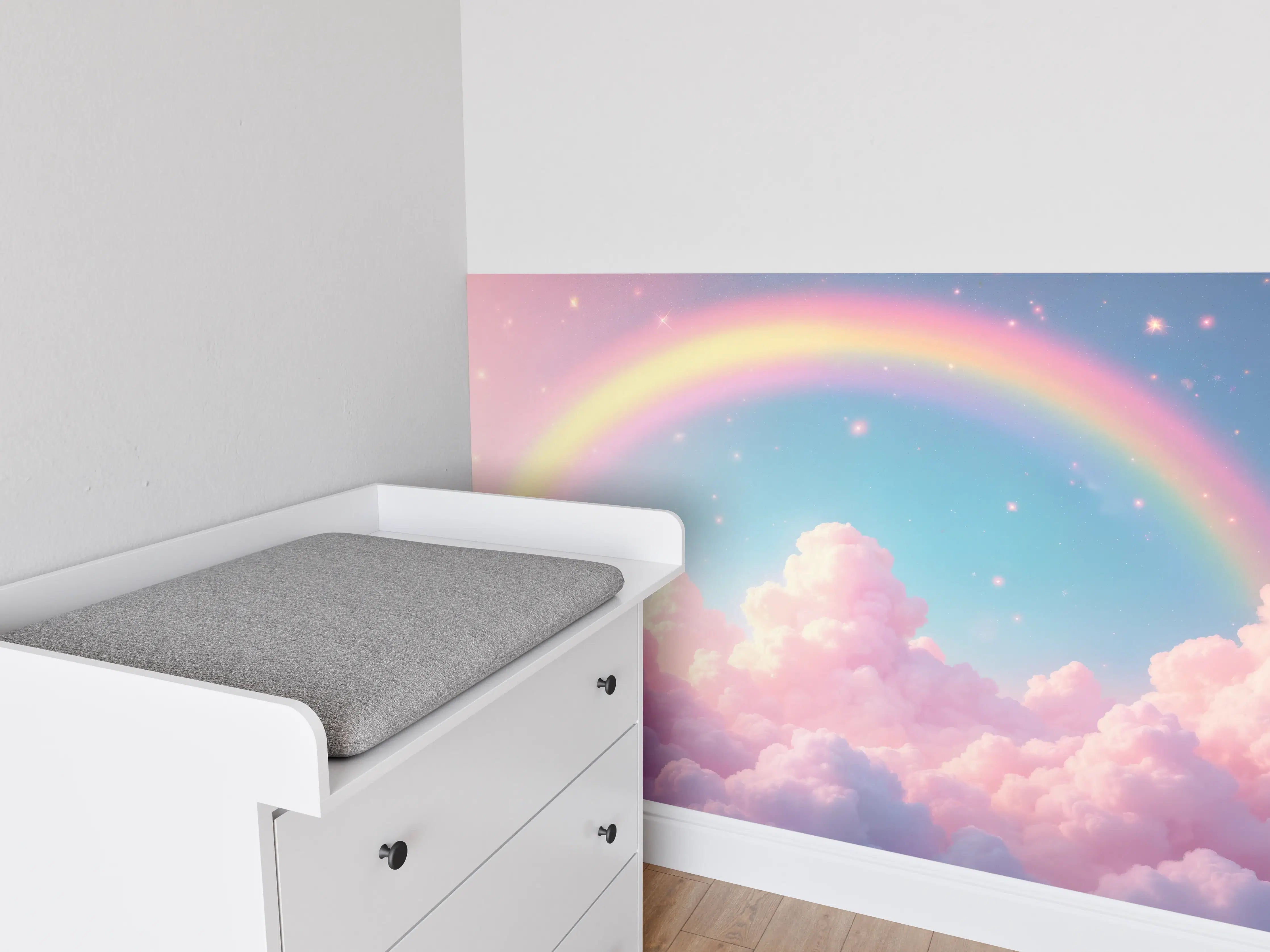 Babyzimmer Wandgestaltung - Sanfter Regenbogen über Wolken