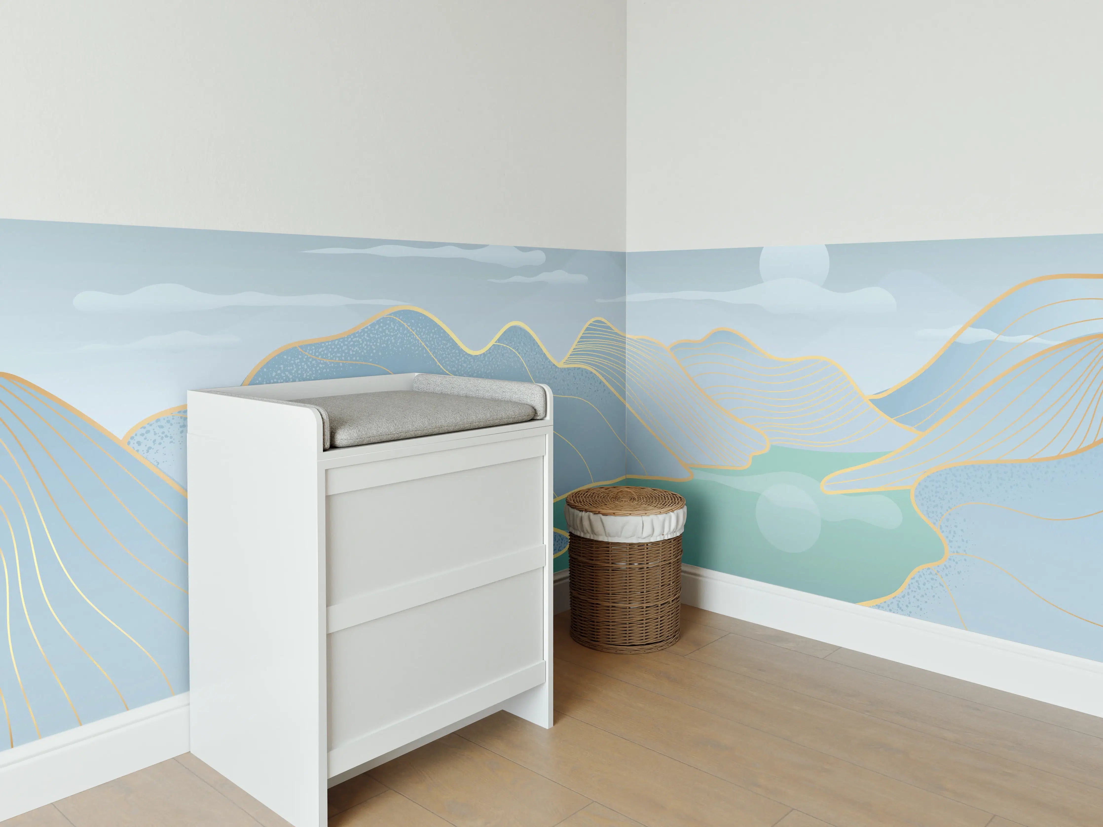 Babyzimmer Wandgestaltung - Sanftes Blau Linien Panorama