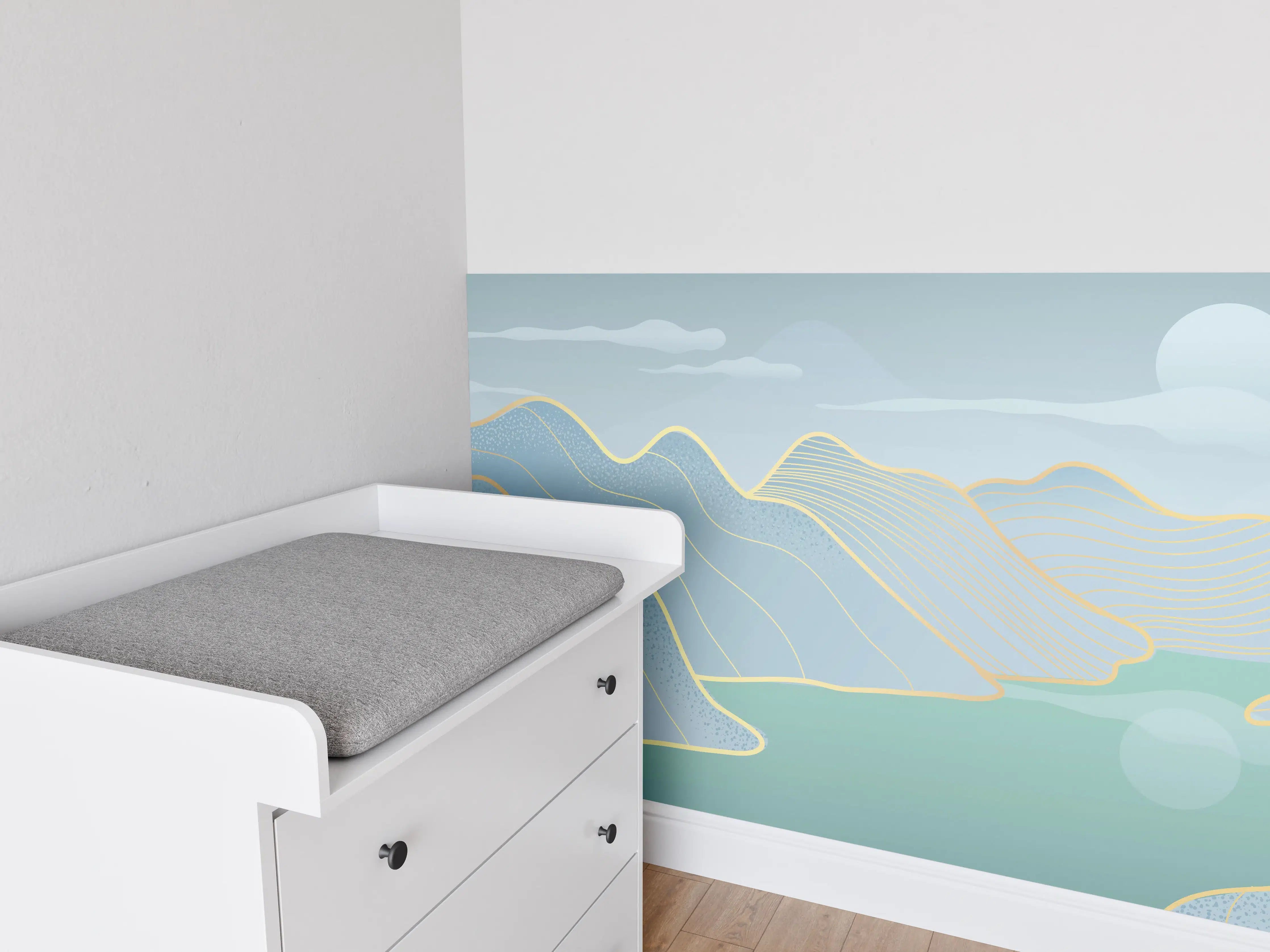 Babyzimmer Wandgestaltung - Sanftes Blau Linien Panorama