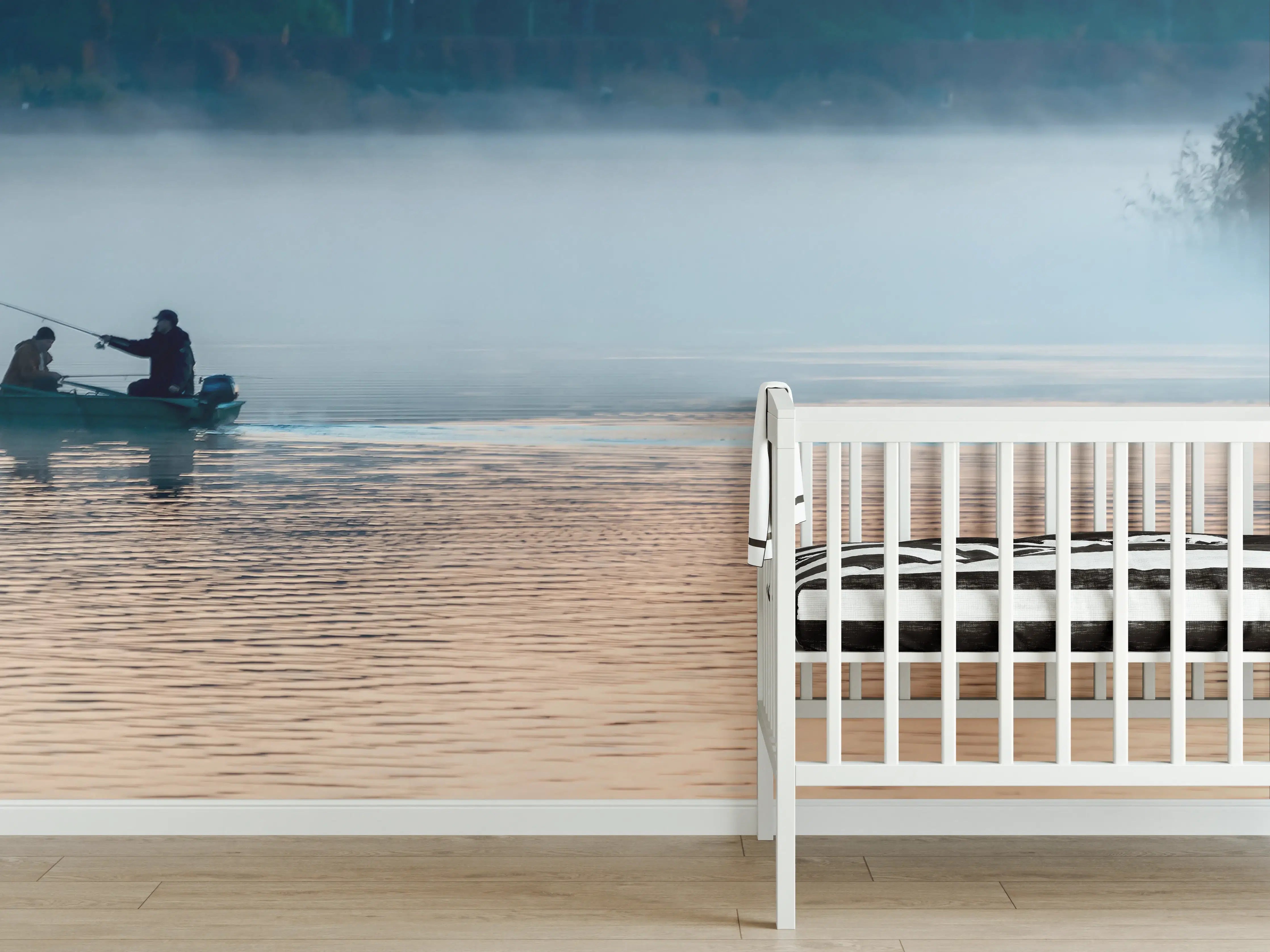 Babyzimmer Wandgestaltung - Sanftes Morgendämmerungsszenario am Wasser