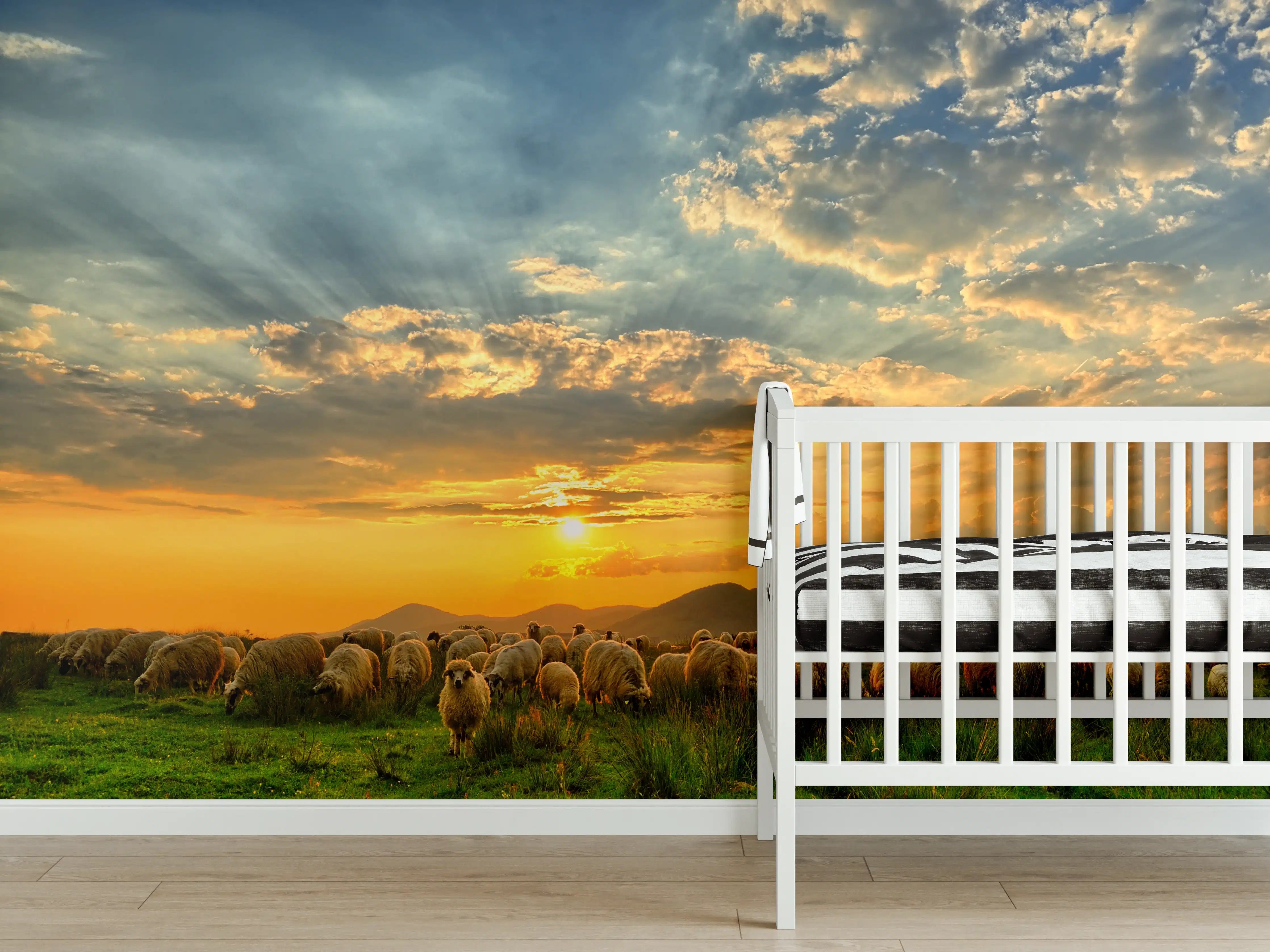 Babyzimmer Wandgestaltung - Schafsherde bei Sonnenuntergang