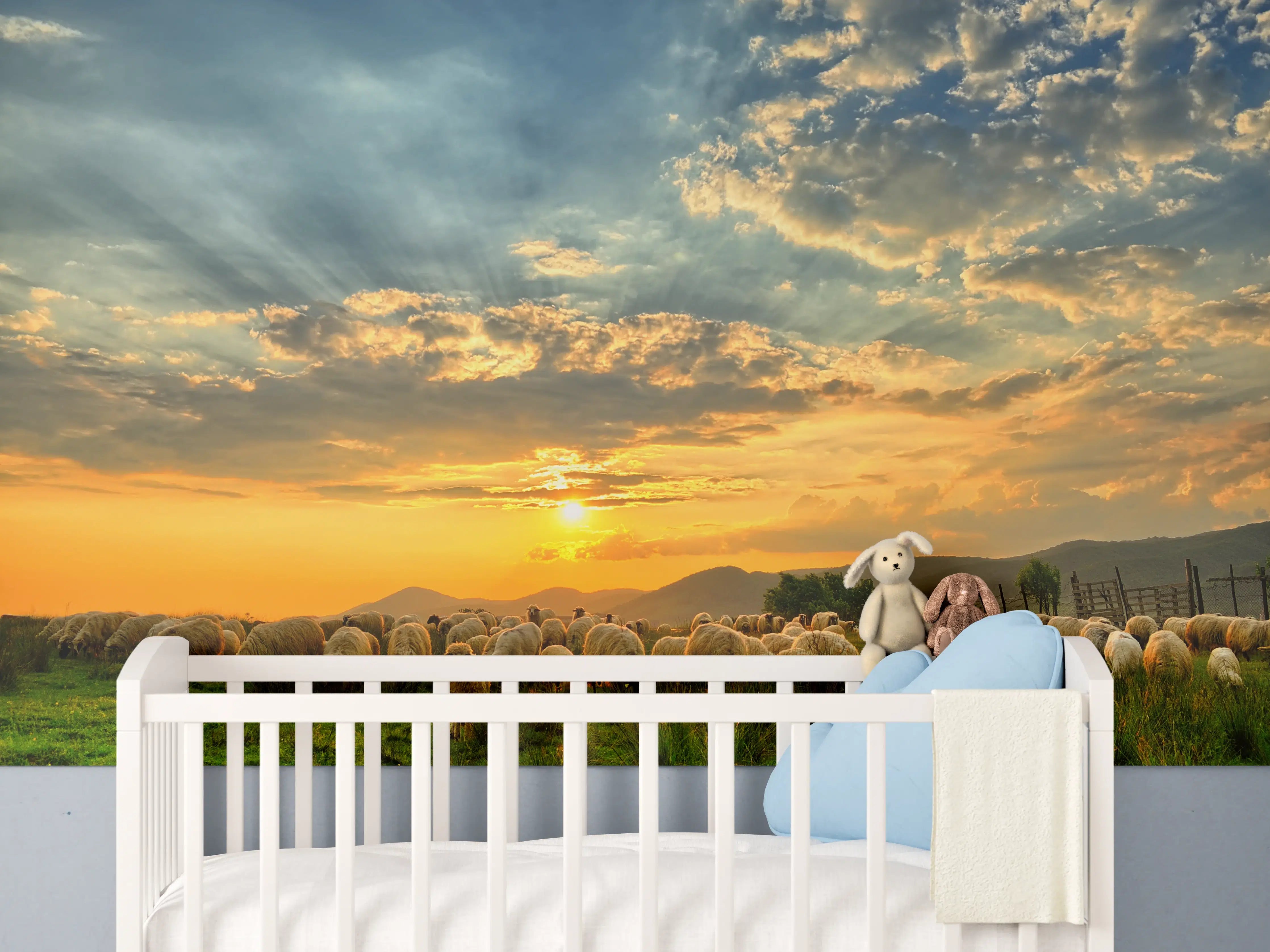 Babyzimmer Wandgestaltung - Schafsherde bei Sonnenuntergang