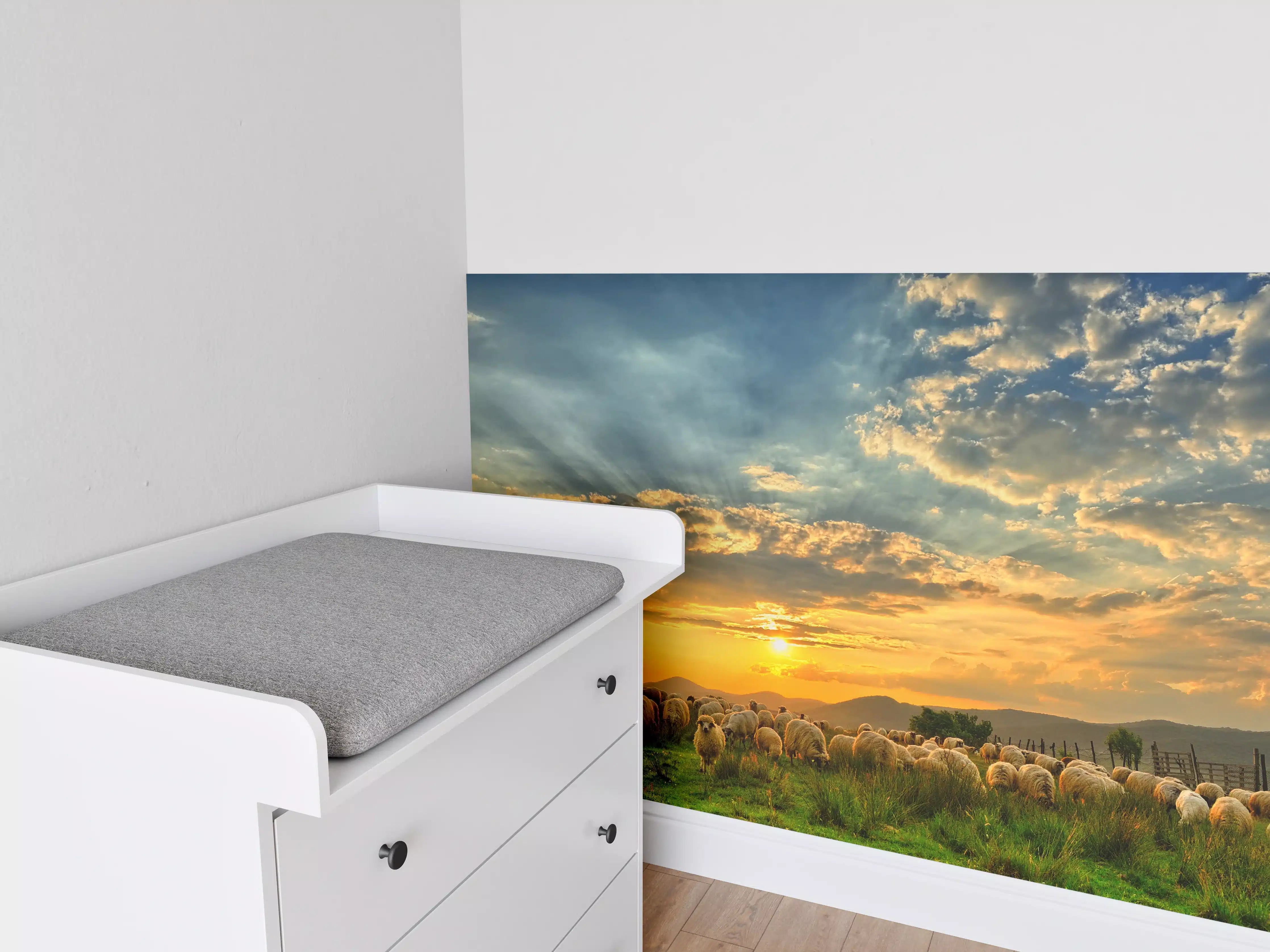 Babyzimmer Wandgestaltung - Schafsherde bei Sonnenuntergang