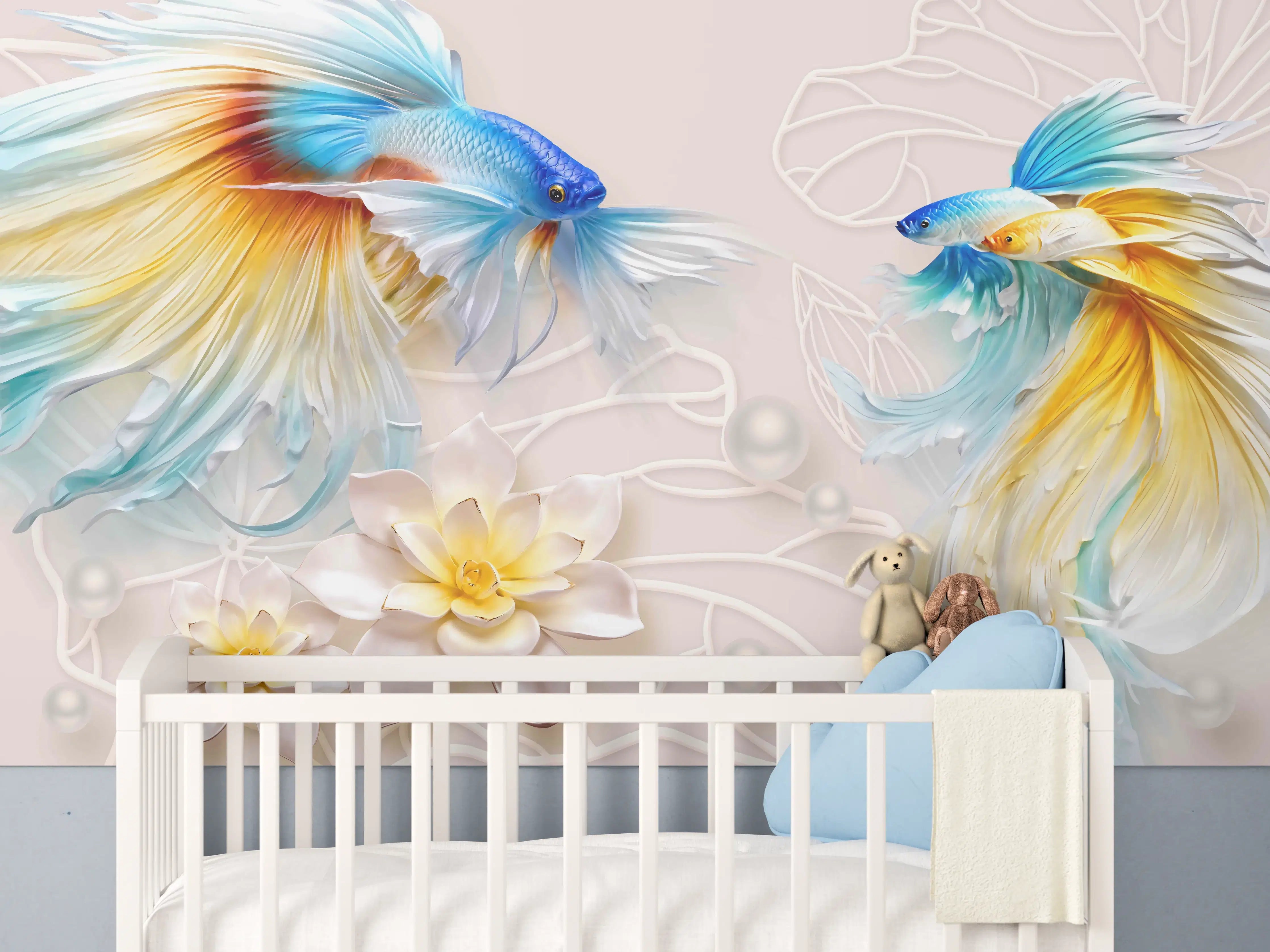 Babyzimmer Wandgestaltung - Schöne Fische auf Rosa Hintergrund