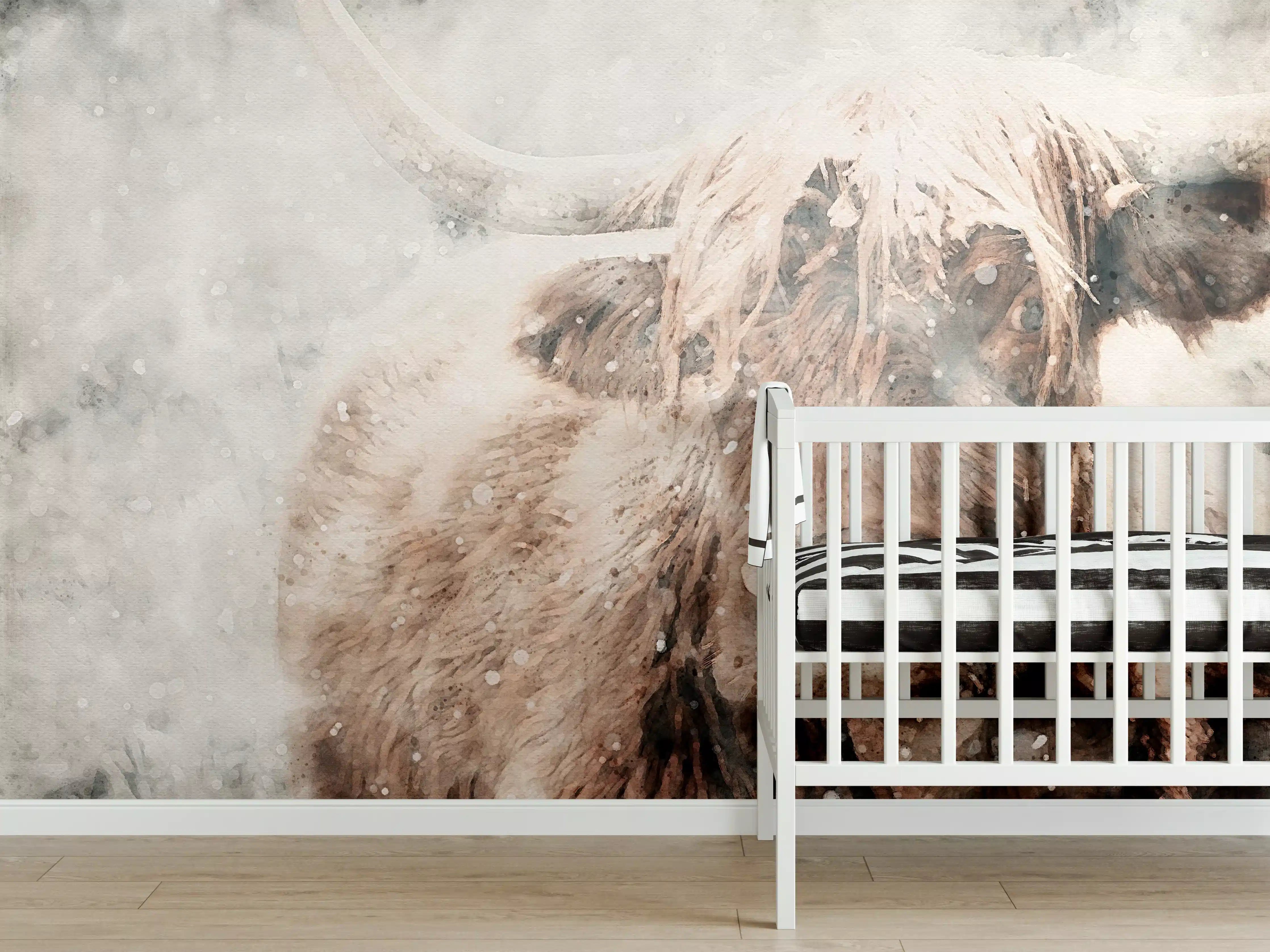 Babyzimmer Wandgestaltung - Schottisches Hochlandrind bei Schnee